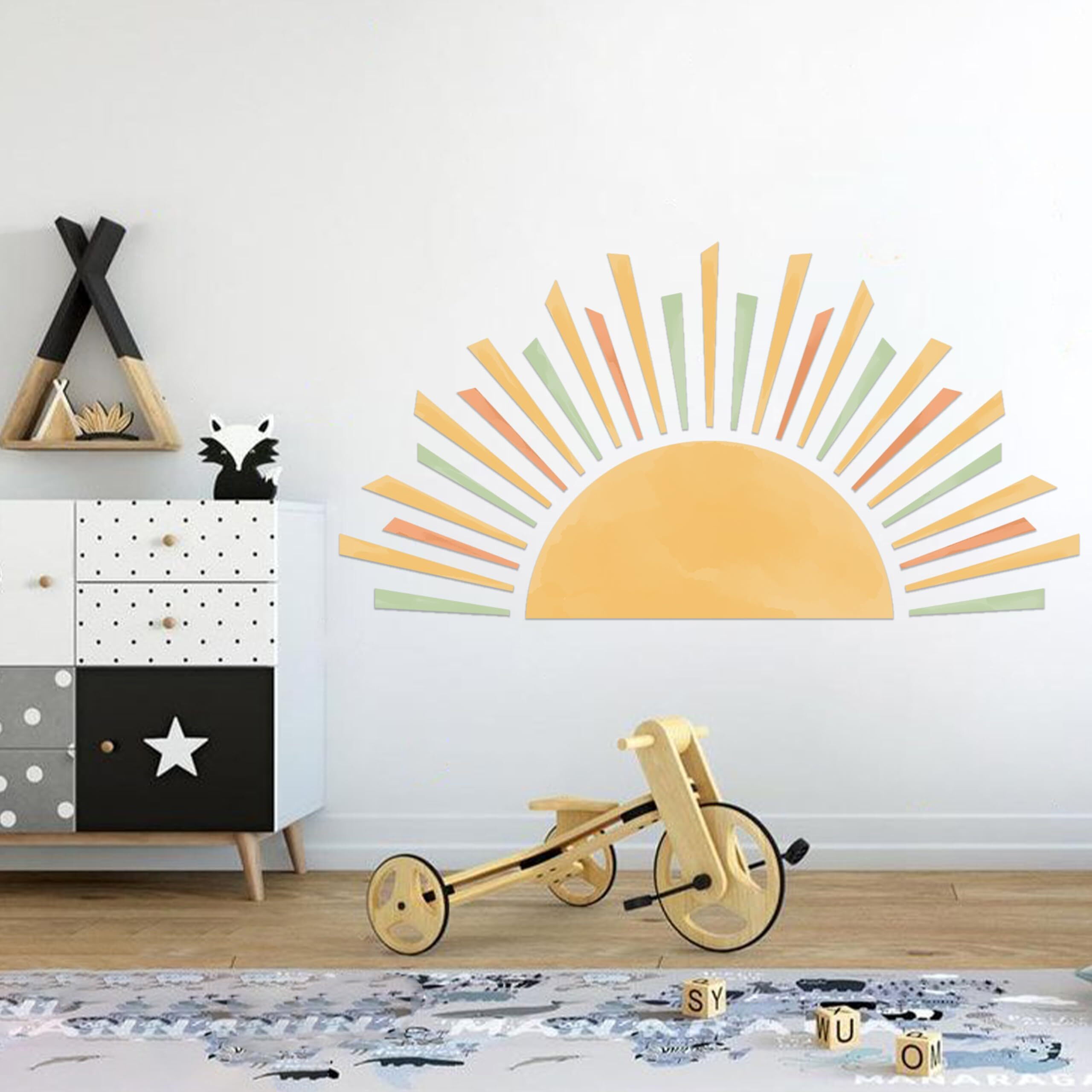 Half Sun Wall Decal - Removable Sunburst Wall Stickers, Boho Decals, Sunshine Large Stickers,Yellow Sunshine Wall Art,Watercolor Pastel Sun Decal