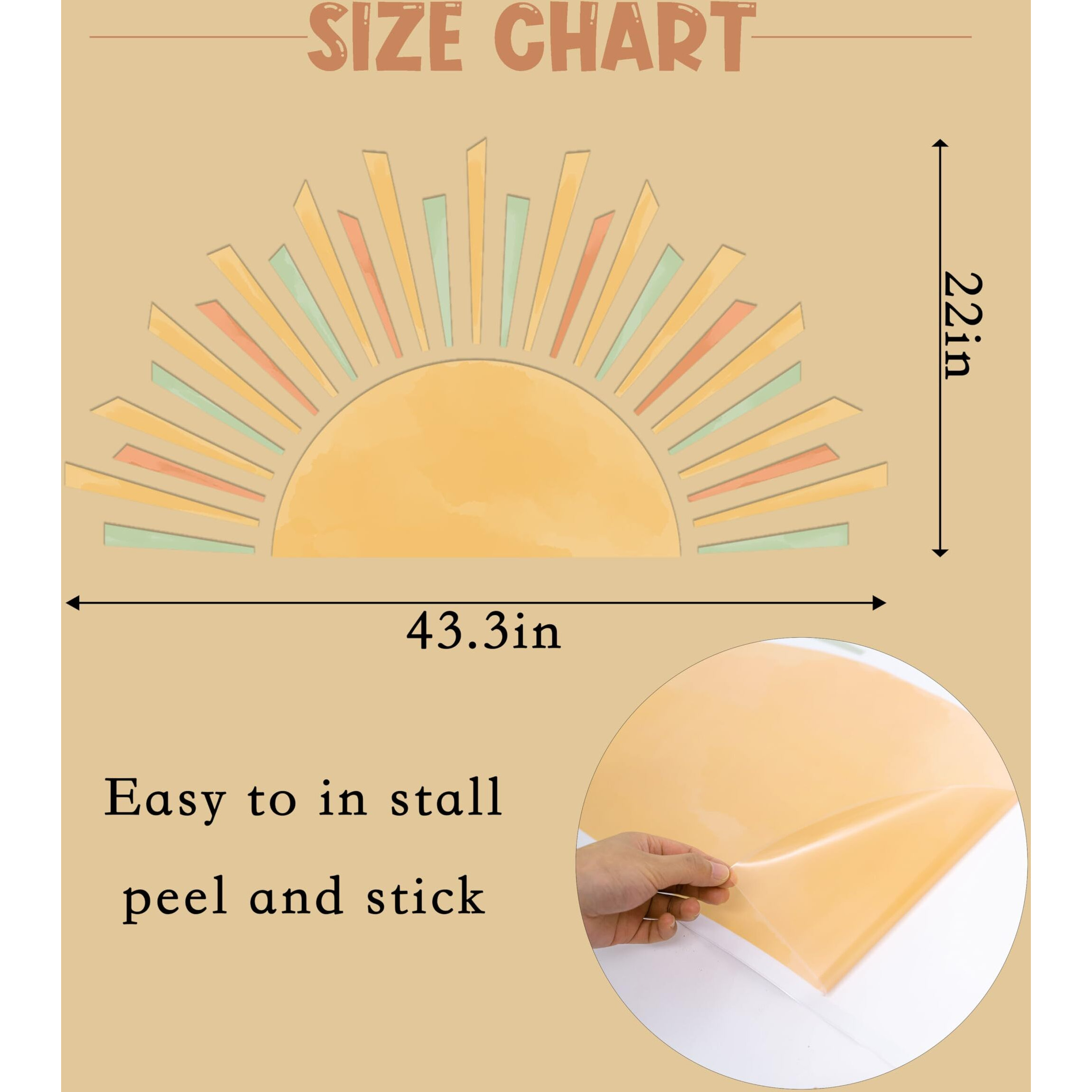 Half Sun Wall Decal - Removable Sunburst Wall Stickers, Boho Decals, Sunshine Large Stickers,Yellow Sunshine Wall Art,Watercolor Pastel Sun Decal