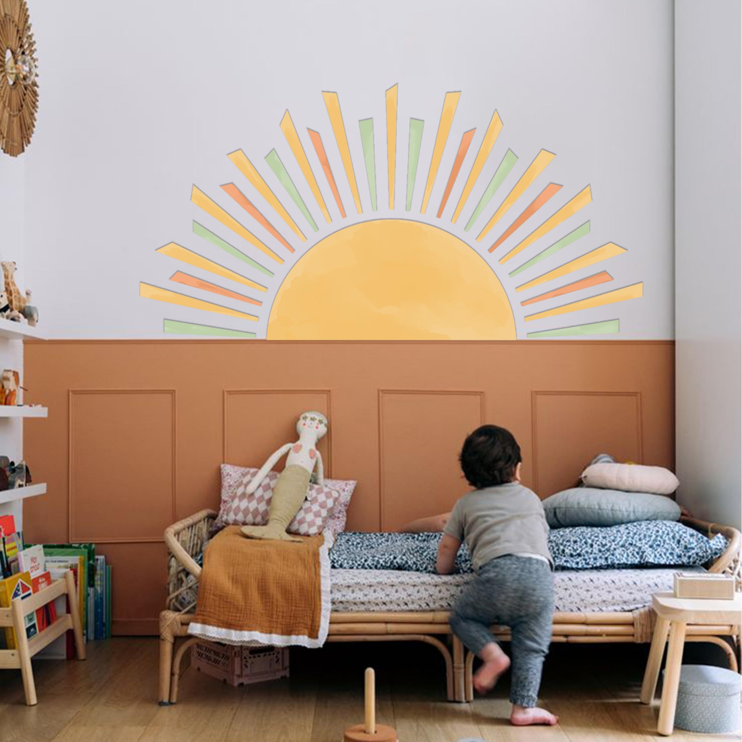 Half Sun Wall Decal - Removable Sunburst Wall Stickers, Boho Decals, Sunshine Large Stickers,Yellow Sunshine Wall Art,Watercolor Pastel Sun Decal