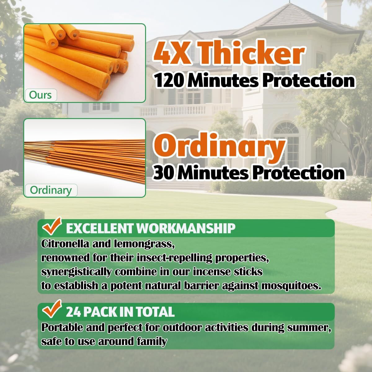 Extra Large Mosquito Repellent Sticks 24 Pack, Natural Citronella Oil Outdoor Patio Indoor Use Long-Lasting 2-Hour Burn Time, Insect & Pest Repellers