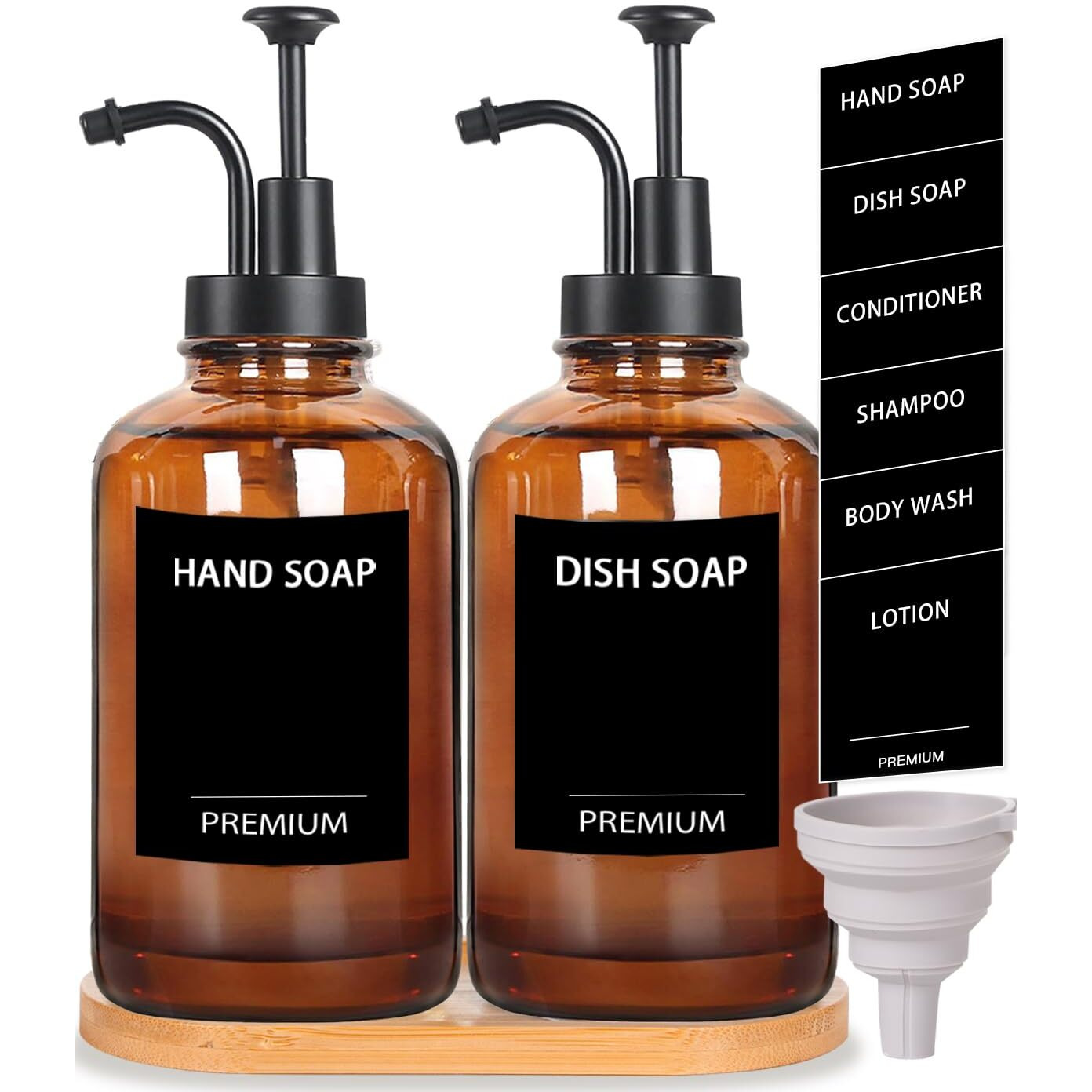Amber 18 Oz Dish Soap Dispenser For Kitchen, Ultra-Thick Glass Soap Dispenser Set With Tray, Pump, Funnel For Bathroom, Liquid, Lotion, Shower, Laundry, (2 Pack With 12 Stickers)