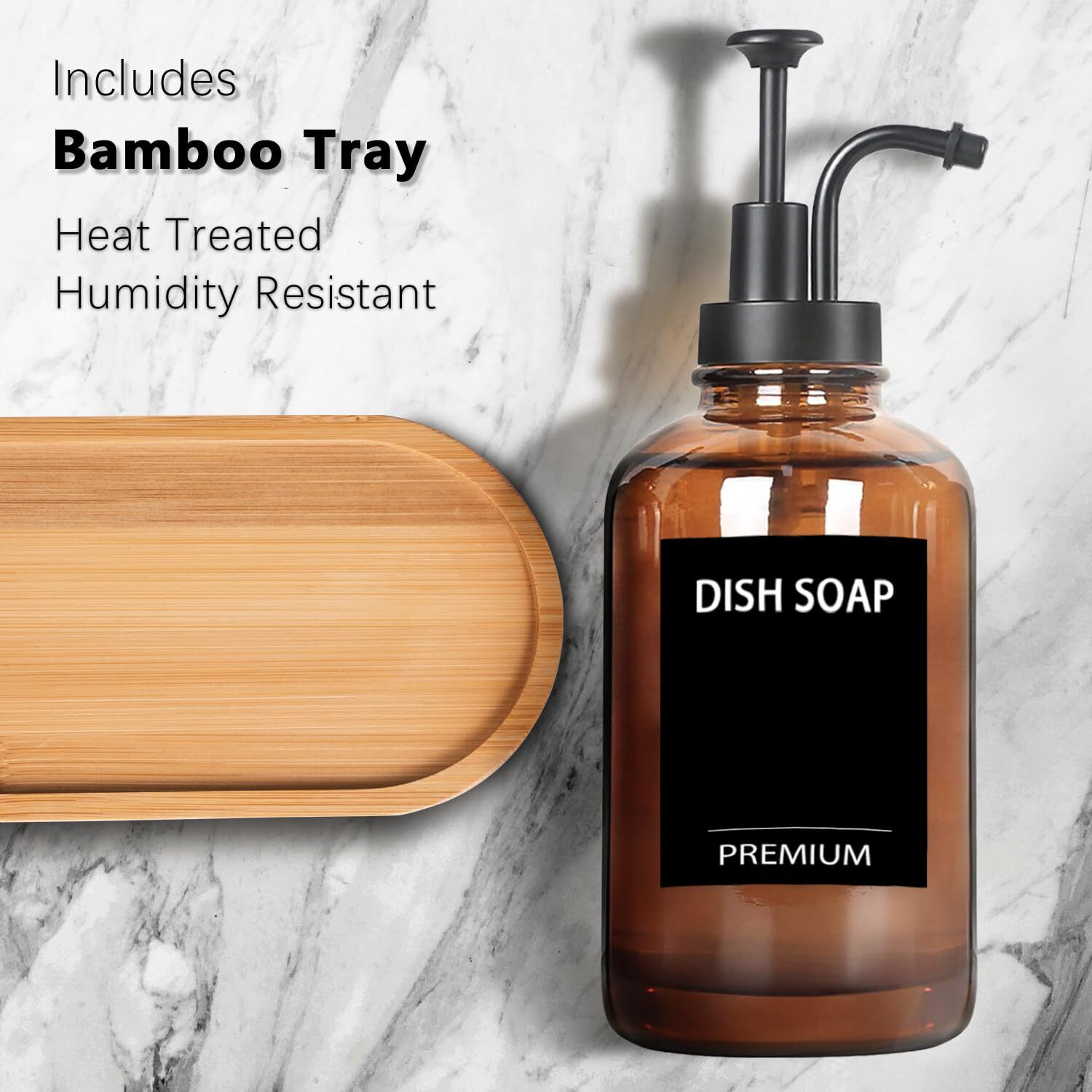 Amber 18 Oz Dish Soap Dispenser For Kitchen, Ultra-Thick Glass Soap Dispenser Set With Tray, Pump, Funnel For Bathroom, Liquid, Lotion, Shower, Laundry, (2 Pack With 12 Stickers)