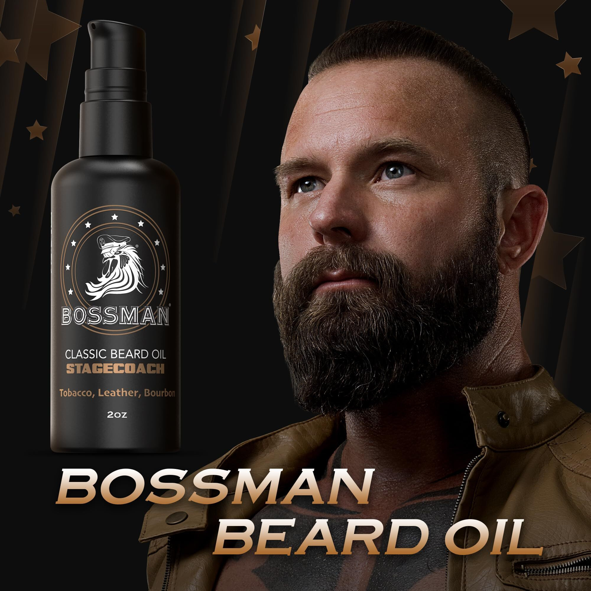 Bossman Organic Mustache & Beard Oil For Men, 2 Oz - Natural Beard Moisturizer With Jojoba, Argan & Avocado Oils (Stagecoach Scent)