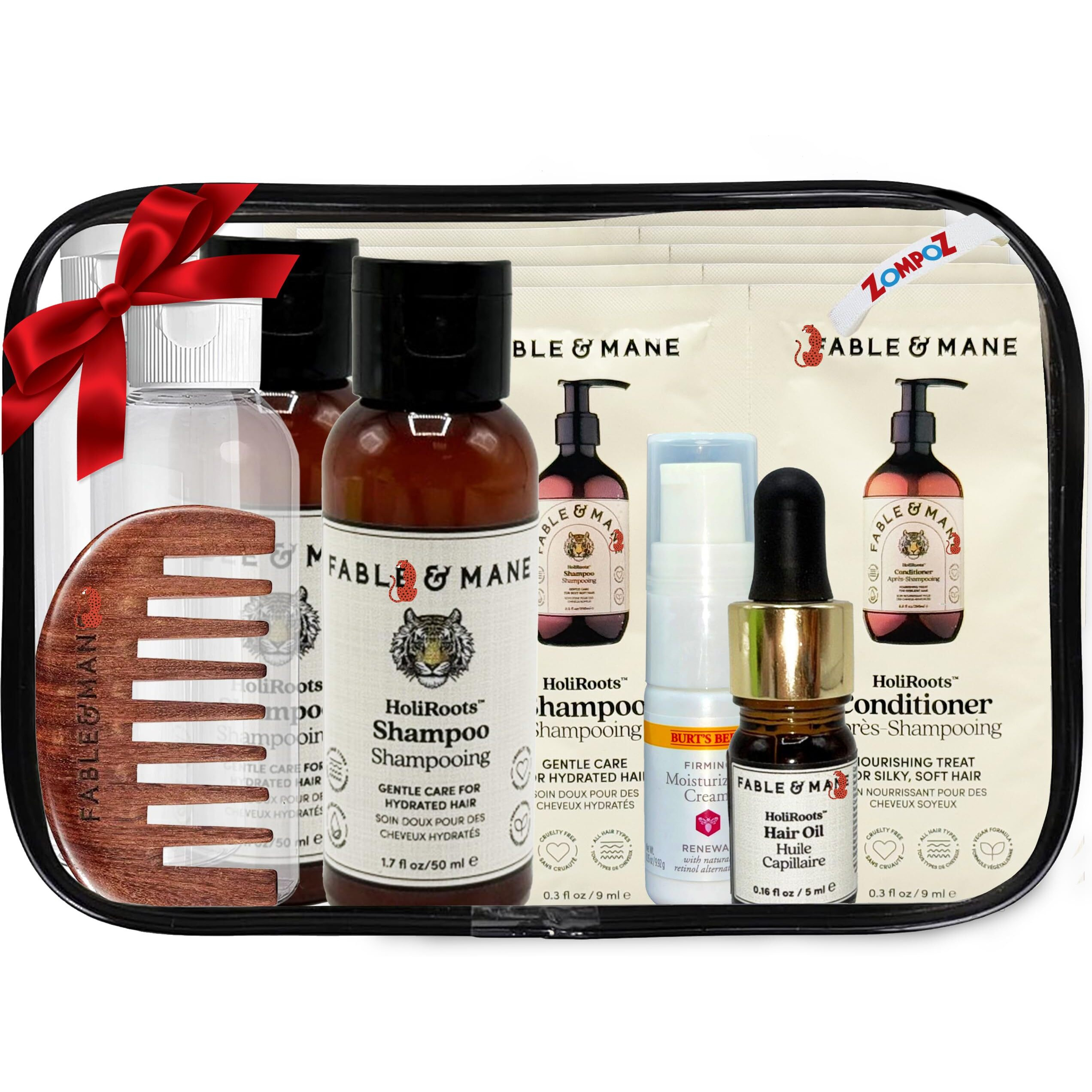 Hair Care Travel Set, 14 Pc Mini Gift Set, Vegan Travel Size Items In Reusable Zipper Bag, Hydrating Shampoo, Conditioner, Hair Oil, Brush, Comb, Cream And Refillable Bottles