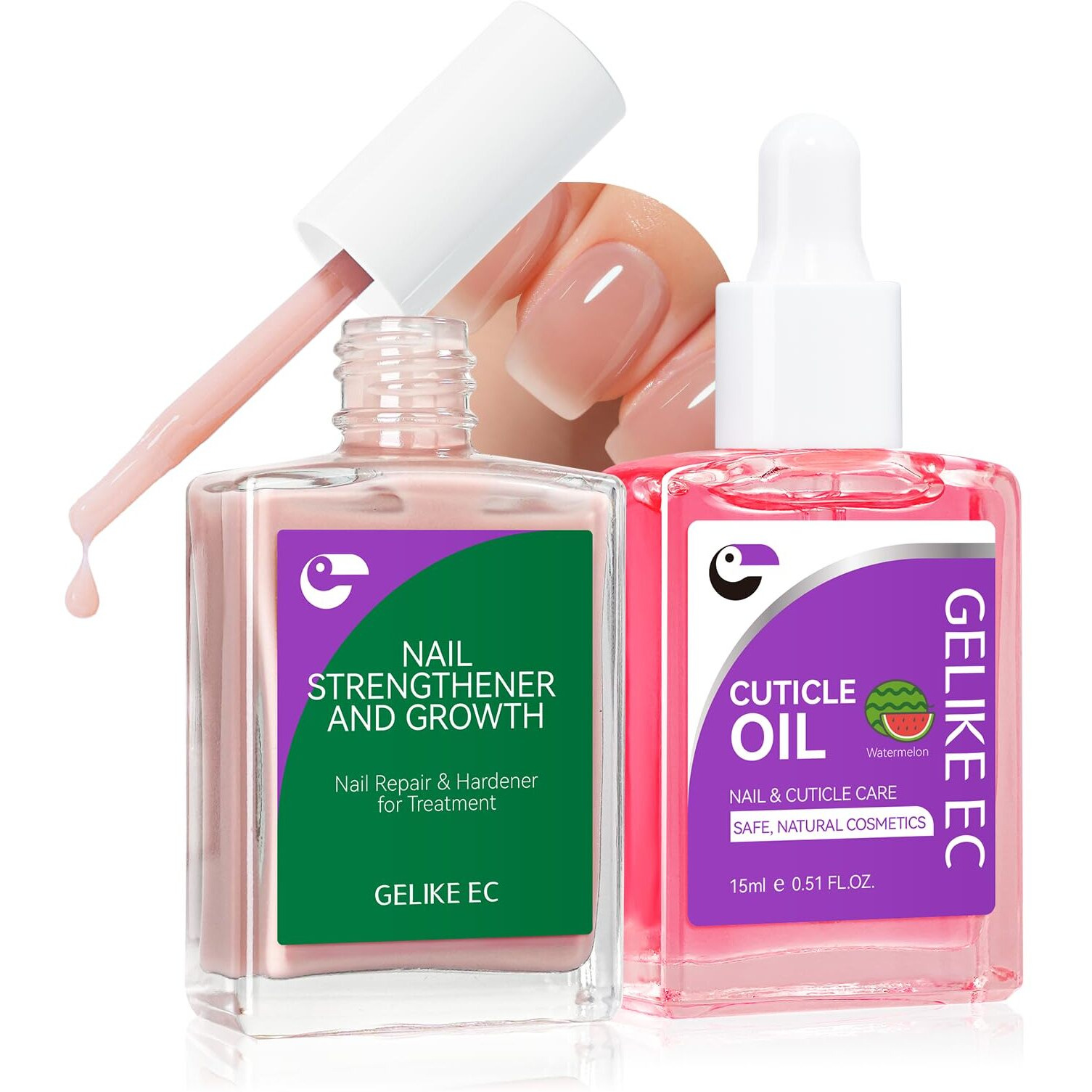Gelike Ec Professional Nail Care Kit Nude Nail Growth Treatment & Watermelon Cuticle Oil (15Ml) - Hydrating Protein Care For Dry Nails - Lightweight Non-Sticky - Perfect For Summer Manicures