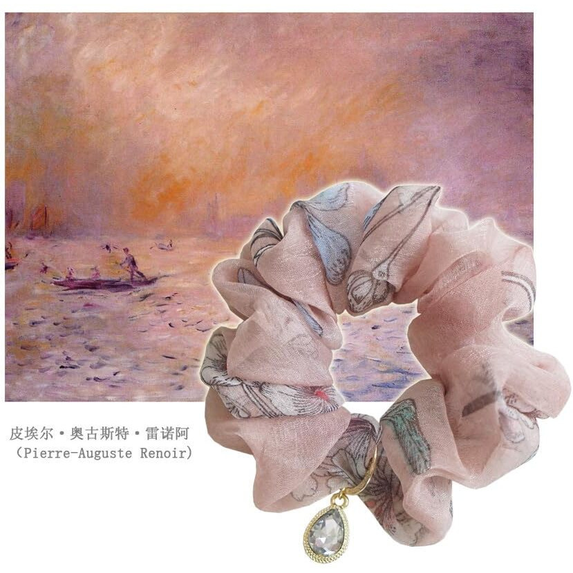 Fresh Elegant Korean Scrunchies - Korean Rhinestone Floral Chiffon Hair Ties - Vintage Oil Painting Style Fabric Head Flower