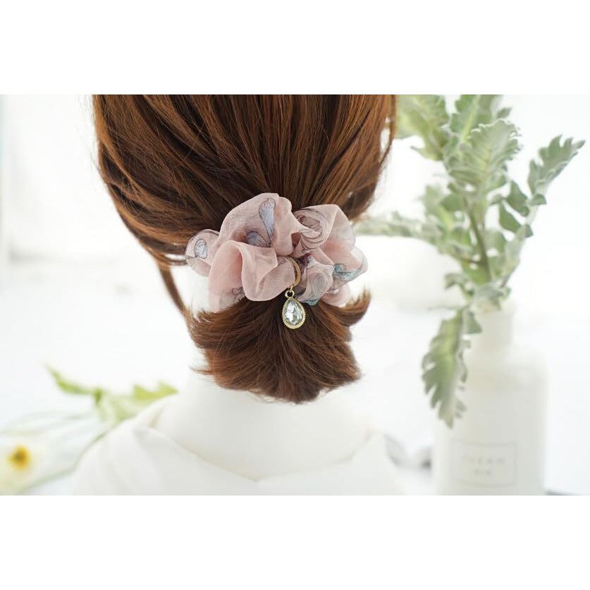 Fresh Elegant Korean Scrunchies - Korean Rhinestone Floral Chiffon Hair Ties - Vintage Oil Painting Style Fabric Head Flower