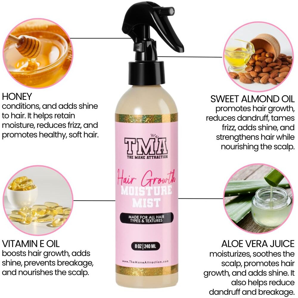 The Mane Attractions Nourishing Daily Hair Growth Moisture Mist For All Hair Types, Lightweight Moisturizer For Thicker, Longer Hair. Infused With Aloe Vera Juice, Sweet Almond Oil, And Honey. 8Oz