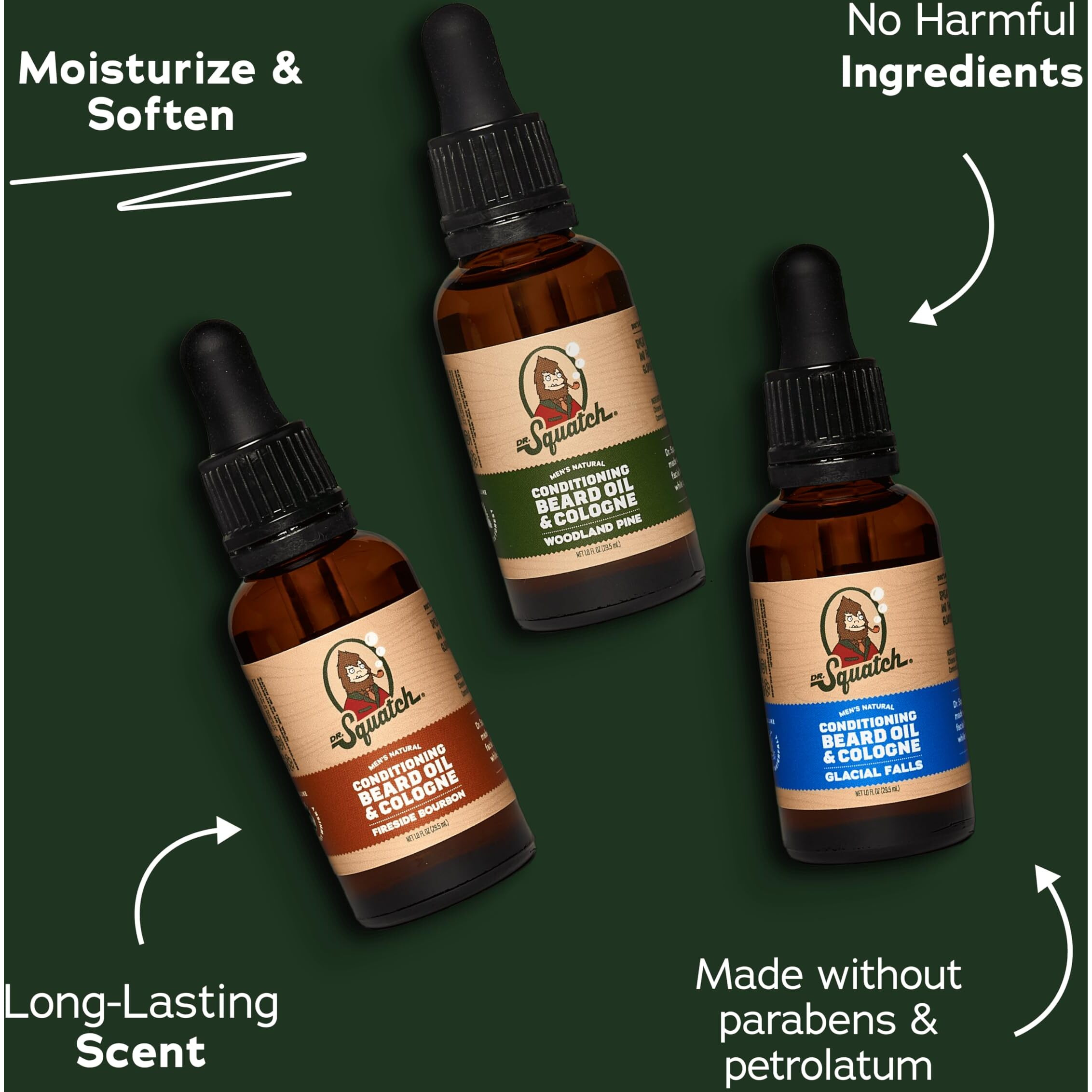 Dr. Squatch Conditioning Beard Oil & Cologne 3 Pack - Natural Men's Beard Oil Gift Pack - Nourish & Moisturize - Long Lasting Scent - Fireside Bourbon, Glacial Falls, Woodland Pine