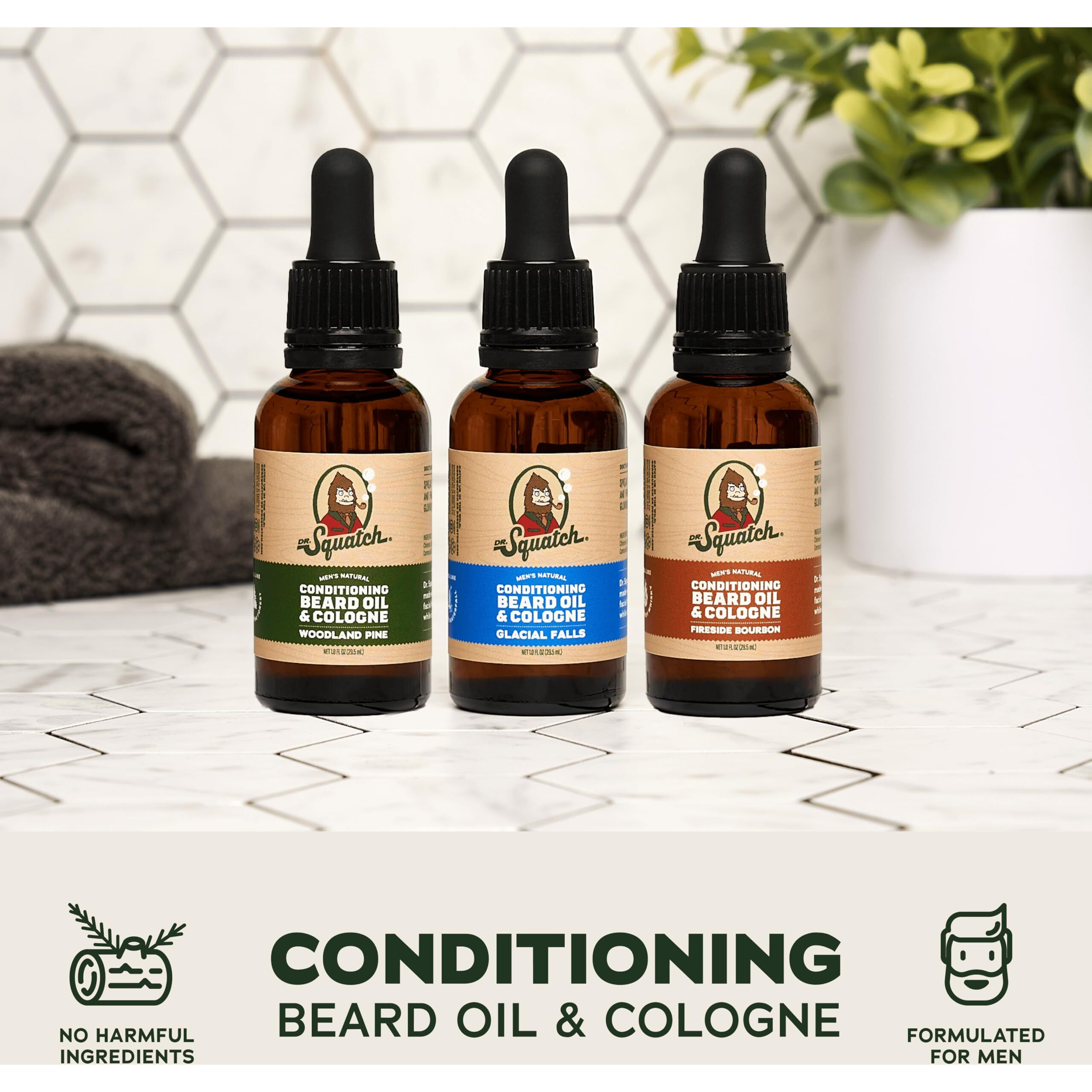 Dr. Squatch Conditioning Beard Oil & Cologne 3 Pack - Natural Men's Beard Oil Gift Pack - Nourish & Moisturize - Long Lasting Scent - Fireside Bourbon, Glacial Falls, Woodland Pine