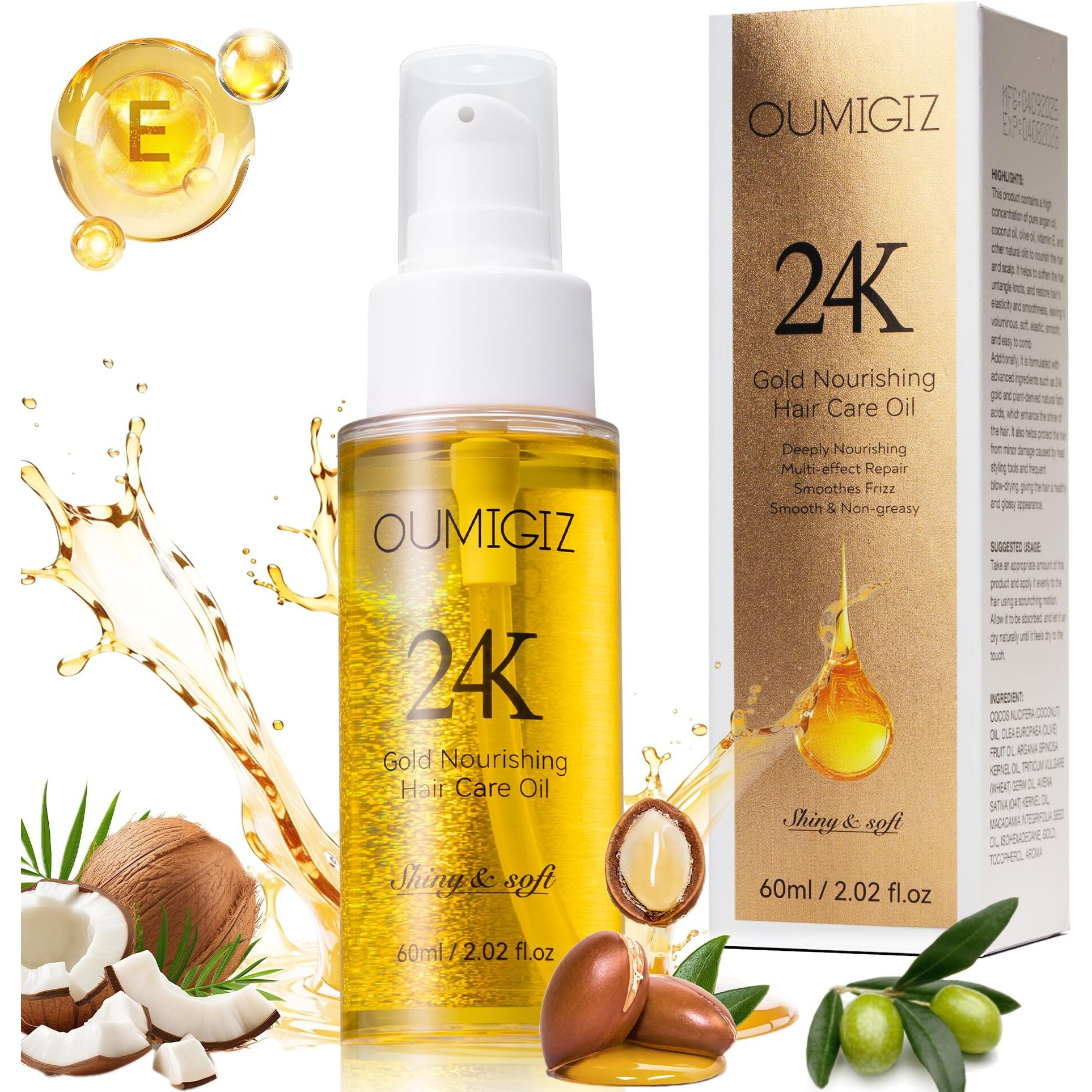 24K Gold Hair Oil, Repair Shine Serum With Coconut, Argan & Olive Oils - Heat Protectant And Frizz Control - Vegan, Lightweight Leave-In Treatment For Dry Damaged Hair (2.02 Fl Oz (Pack Of 1))