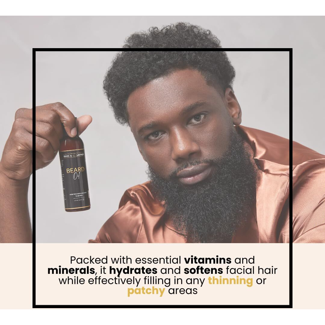 Bask & Lather Beard Growth Oil, Frizz Free Hair Oil For Men Beard Care With Vitamins & Natural Ingredients To Hydrate, Smooth & Soften For Shiny, Thicker Fuller Beard Hair And Texture, 4 Fl Oz