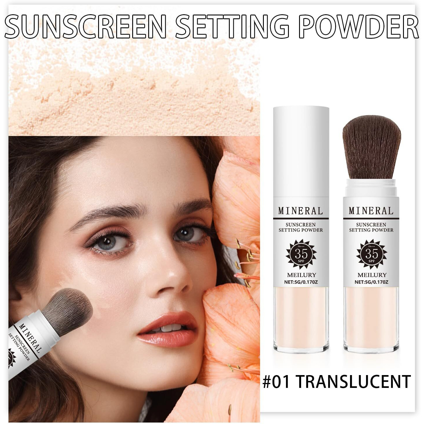 Sunscreen Setting Powder Spf 35, Mineral Brush Powder For Face & Scalp, Oil Control Natural Matte Finish Loose Powder Translucent Lasting Lightweight Breathable For All Skin (02 Fair)