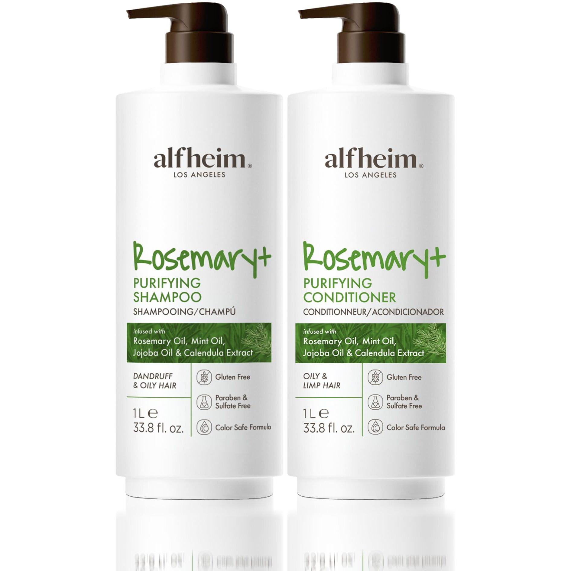 Alfheim Rosemary+ Purifying Shampoo & Conditioner Set | Rosemary & Peppermint Oil For Controling Excess Oil | Calendula & Jojoba For Deep Moistizing And Adding Shine | Sulfate-Free | 33.8 Fl Oz Each