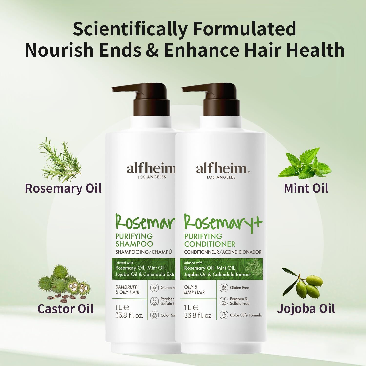 Alfheim Rosemary+ Purifying Shampoo & Conditioner Set | Rosemary & Peppermint Oil For Controling Excess Oil | Calendula & Jojoba For Deep Moistizing And Adding Shine | Sulfate-Free | 33.8 Fl Oz Each