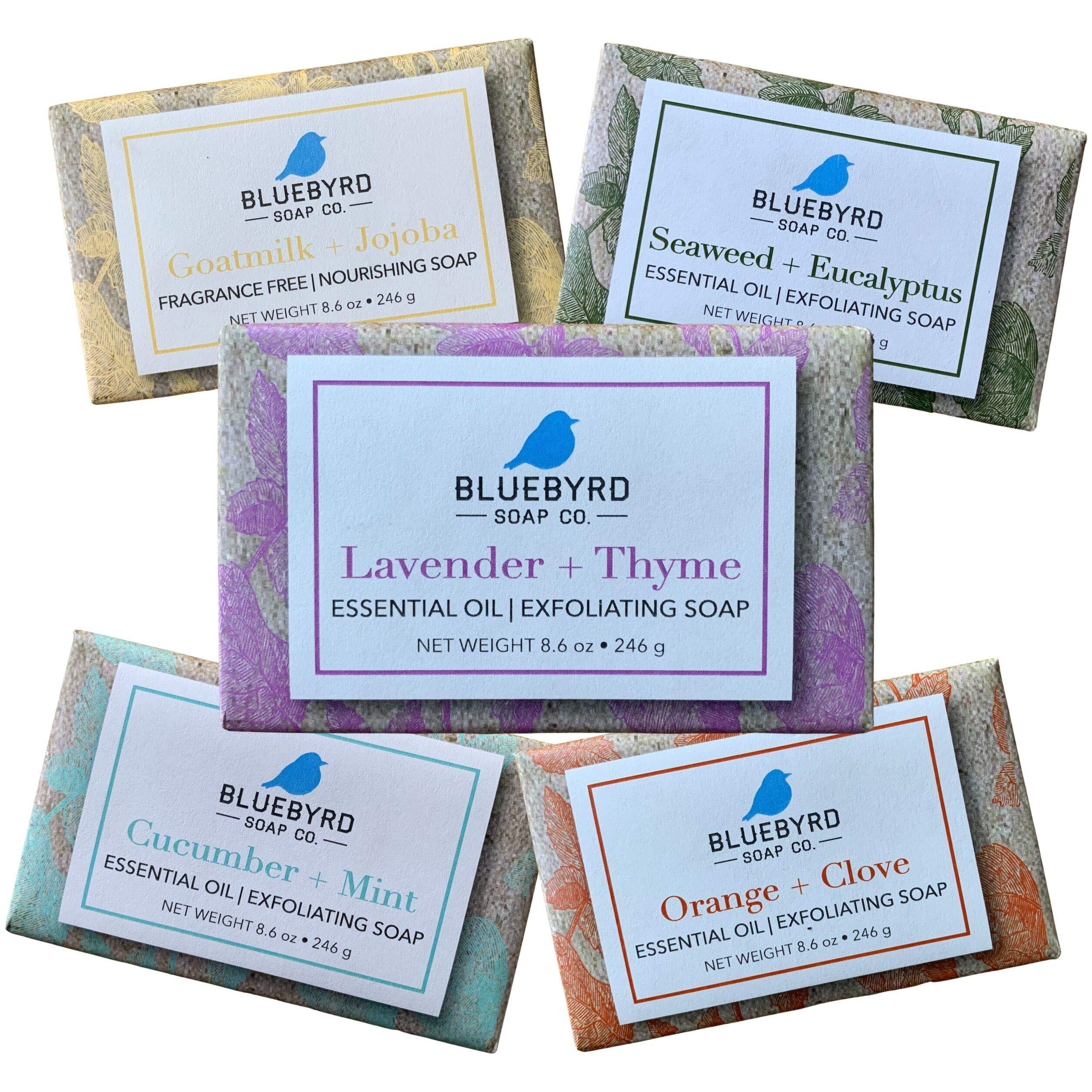 Bluebyrd Soap Co. 5-Pack Variety Set Exfoliating Essential Oil Soap Bars | 100% Vegan Natural Bar Soap Gift | Cucumber Mint, Goat Milk Jojoba Oil, Lavender Thyme, Orange Clove, Seaweed Eucalyptus(Set)