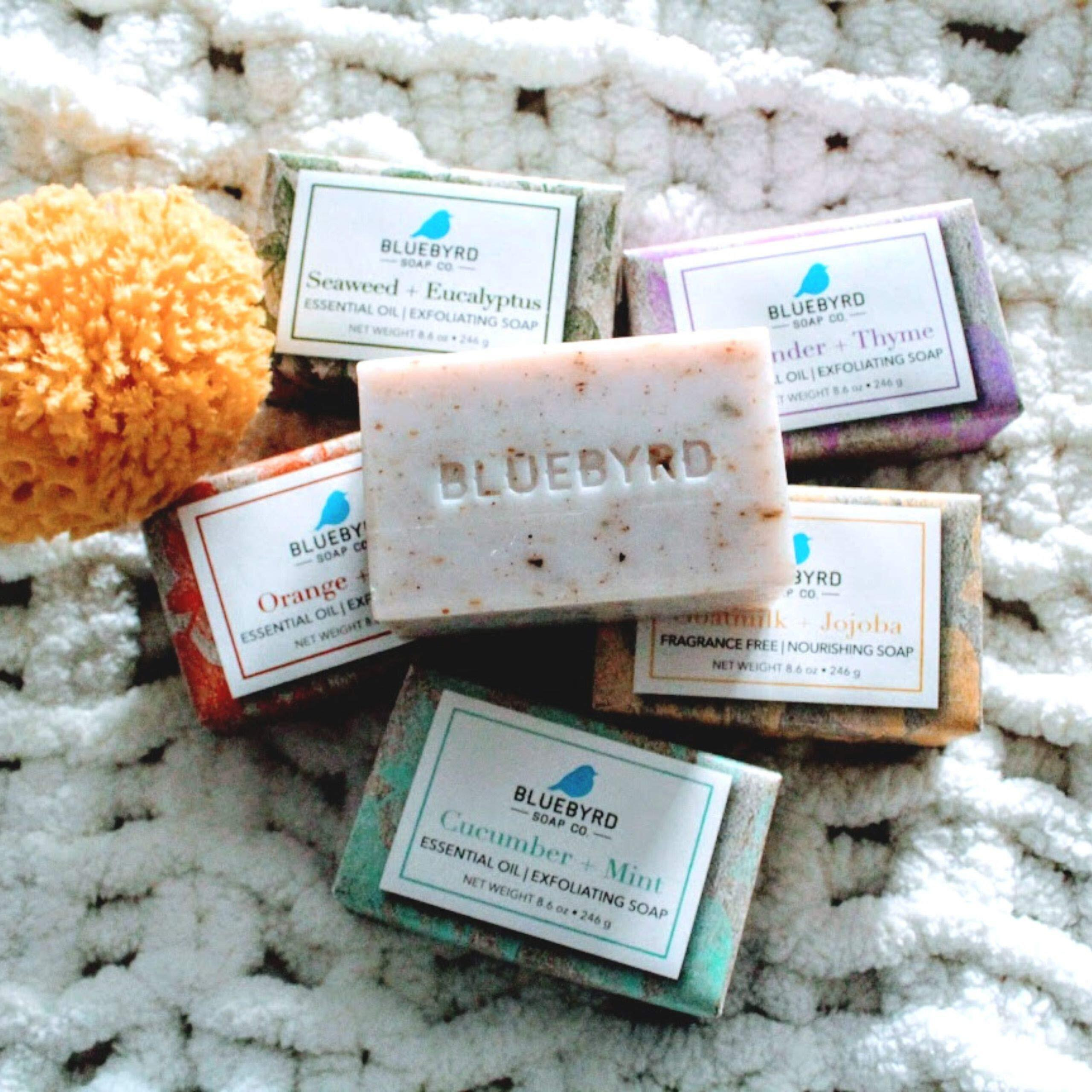 Bluebyrd Soap Co. 5-Pack Variety Set Exfoliating Essential Oil Soap Bars | 100% Vegan Natural Bar Soap Gift | Cucumber Mint, Goat Milk Jojoba Oil, Lavender Thyme, Orange Clove, Seaweed Eucalyptus(Set)