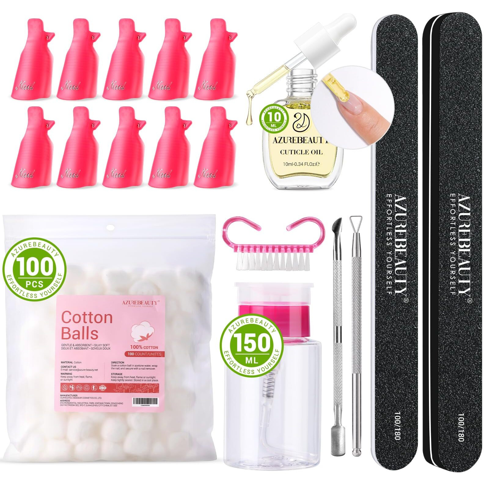 Azurebeauty Nail Polish Gel Remover Tools Kit With 10 Ml Cuticle Oil 10 Pcs Nail Clips 150Ml Remover Bottle Nail Remover Cotton Balls Cuticle Pusher Peeler Brush Nail File Buffer Comprehensive Tools
