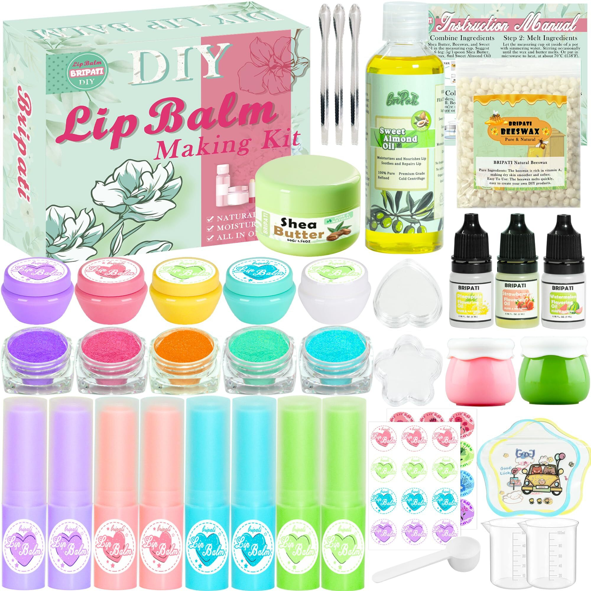 Bripati Lip Balm Diy Making Kit - Lip Gloss Set To Make Your Own Lipsticks With Natural Beeswax, Sweet Almond Oil, Shea Butter, Tubes, Jars - Adults Girls Women Moisturizing Lip Care Kit
