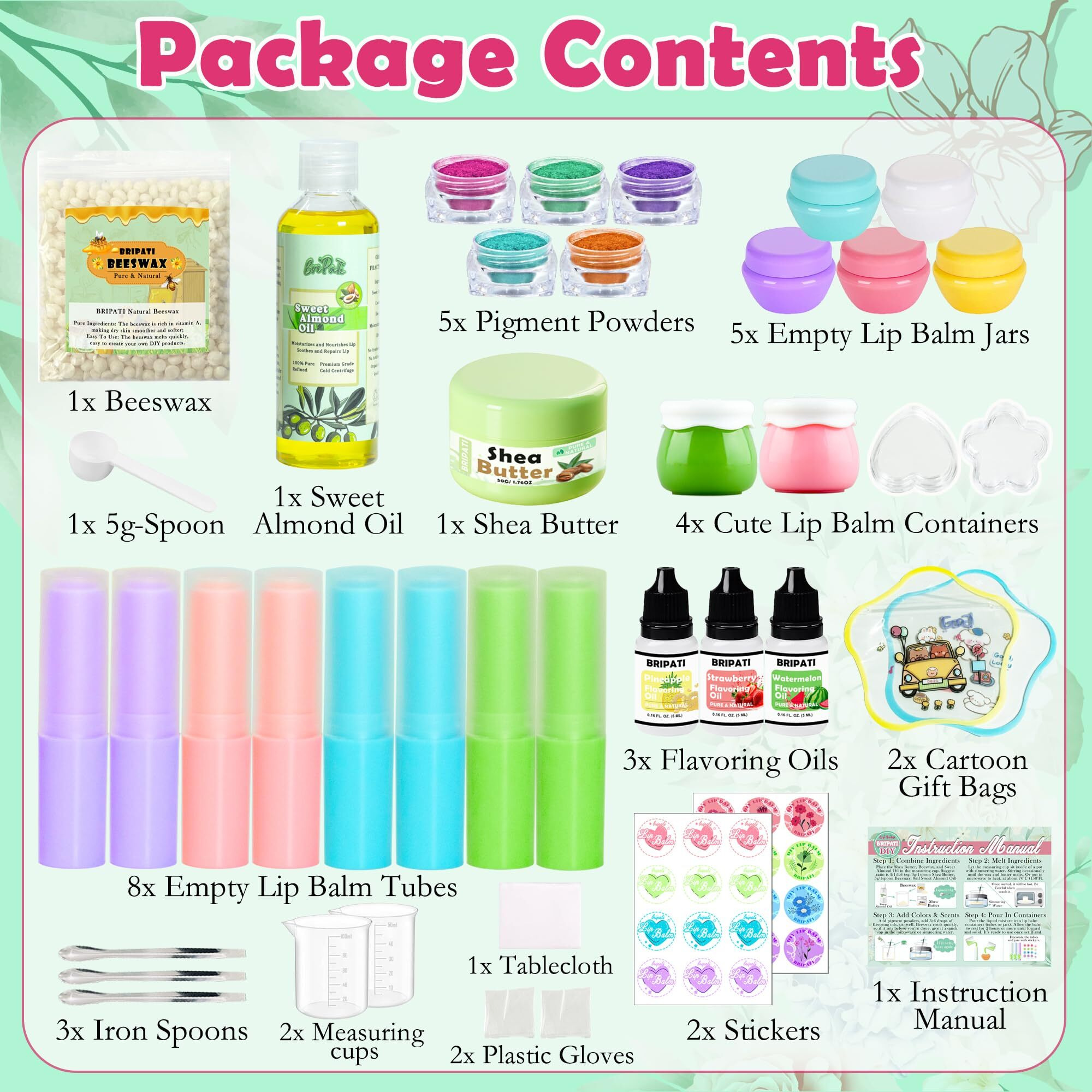 Bripati Lip Balm Diy Making Kit - Lip Gloss Set To Make Your Own Lipsticks With Natural Beeswax, Sweet Almond Oil, Shea Butter, Tubes, Jars - Adults Girls Women Moisturizing Lip Care Kit