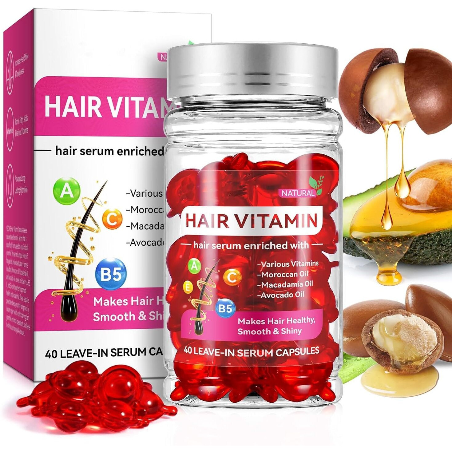 40 Pcs Hair Vitamin Serum Oil Capsule, Hair Treatment Serum With Vitamins A C E Pro B5, Enriched With Moroccan Macadamia Avocado Oils, No Rinse, For Hair Repair, Moisturizing, Women & Men (1Pc)