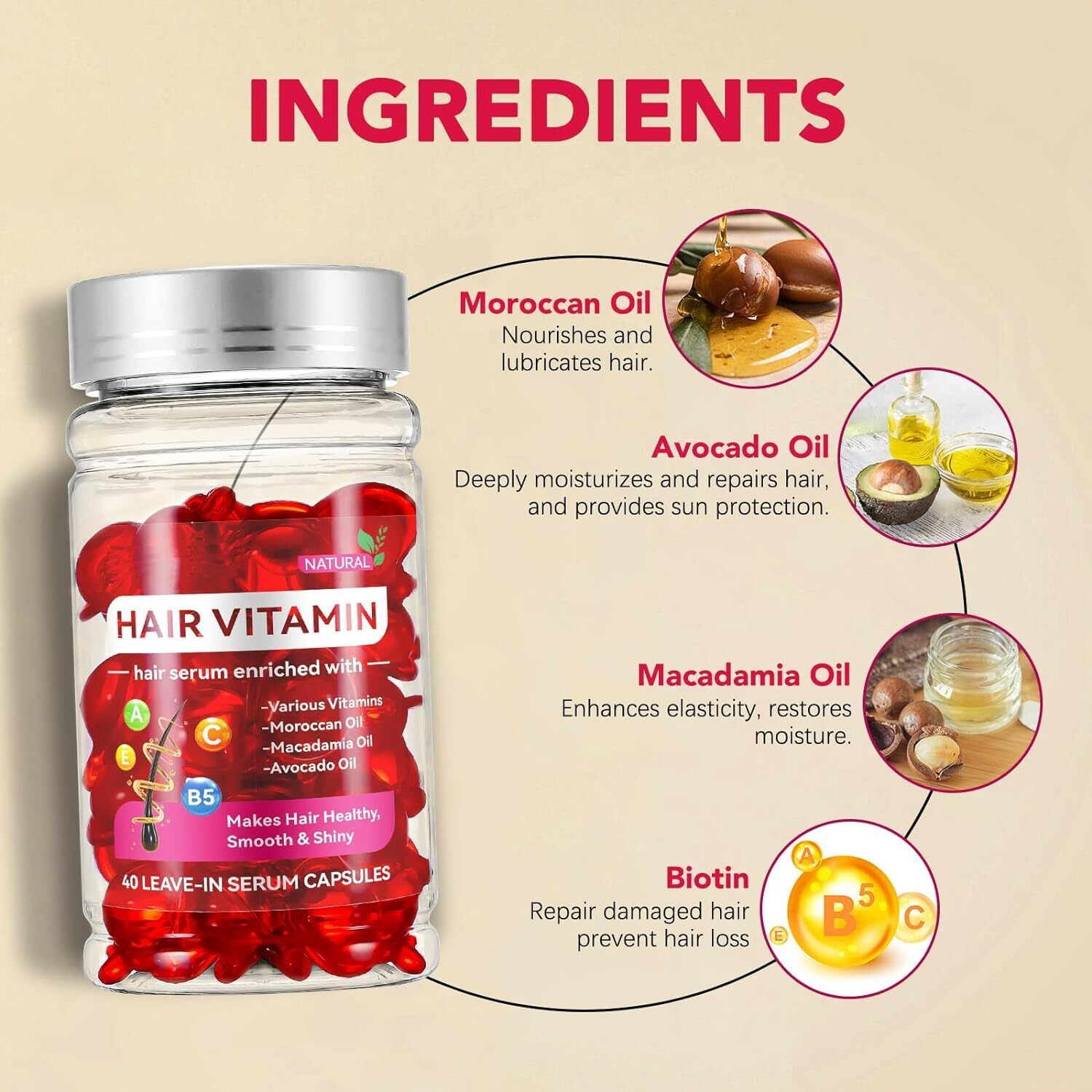 40 Pcs Hair Vitamin Serum Oil Capsule, Hair Treatment Serum With Vitamins A C E Pro B5, Enriched With Moroccan Macadamia Avocado Oils, No Rinse, For Hair Repair, Moisturizing, Women & Men (1Pc)