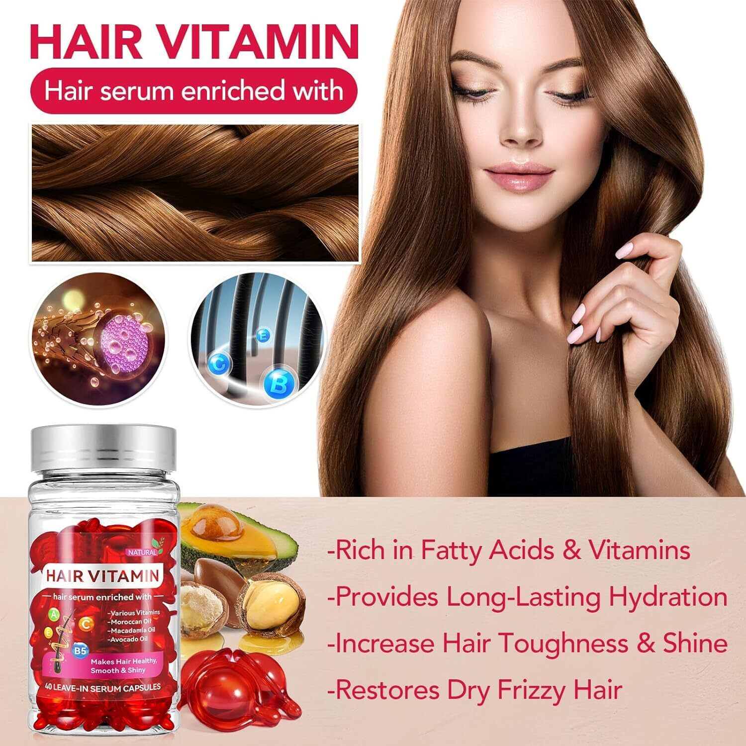 40 Pcs Hair Vitamin Serum Oil Capsule, Hair Treatment Serum With Vitamins A C E Pro B5, Enriched With Moroccan Macadamia Avocado Oils, No Rinse, For Hair Repair, Moisturizing, Women & Men (1Pc)