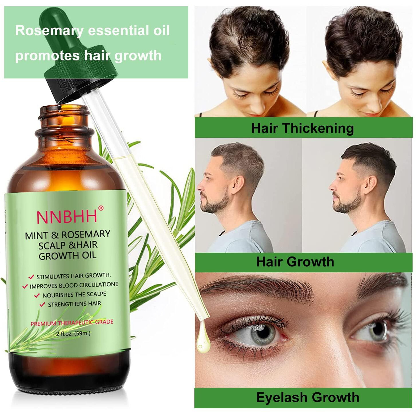 Nnbhh Rosemary Hair Growth Oil - Natural Essential Oil For Scalp Care, Thicker & Fuller Hair, Nourishing & Strengthening, 100% Pure & Organic For Dry Scalp, Frizz Control & Split Ends