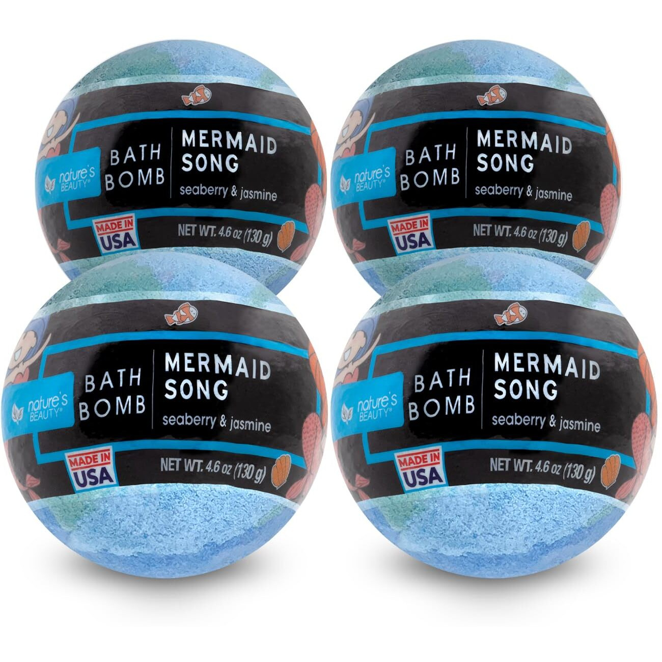 Nature's Beauty Mermaid Song, Seaberry & Jasmine Scent Bath Bomb For Kids Multi-Pack - Natural Hand Crafted, Non-Staining, Fun Bubbly Fizzy Spa Bomb, Made W/Coconut Oil + Witch Hazel, 5.5Oz (4 Pack)