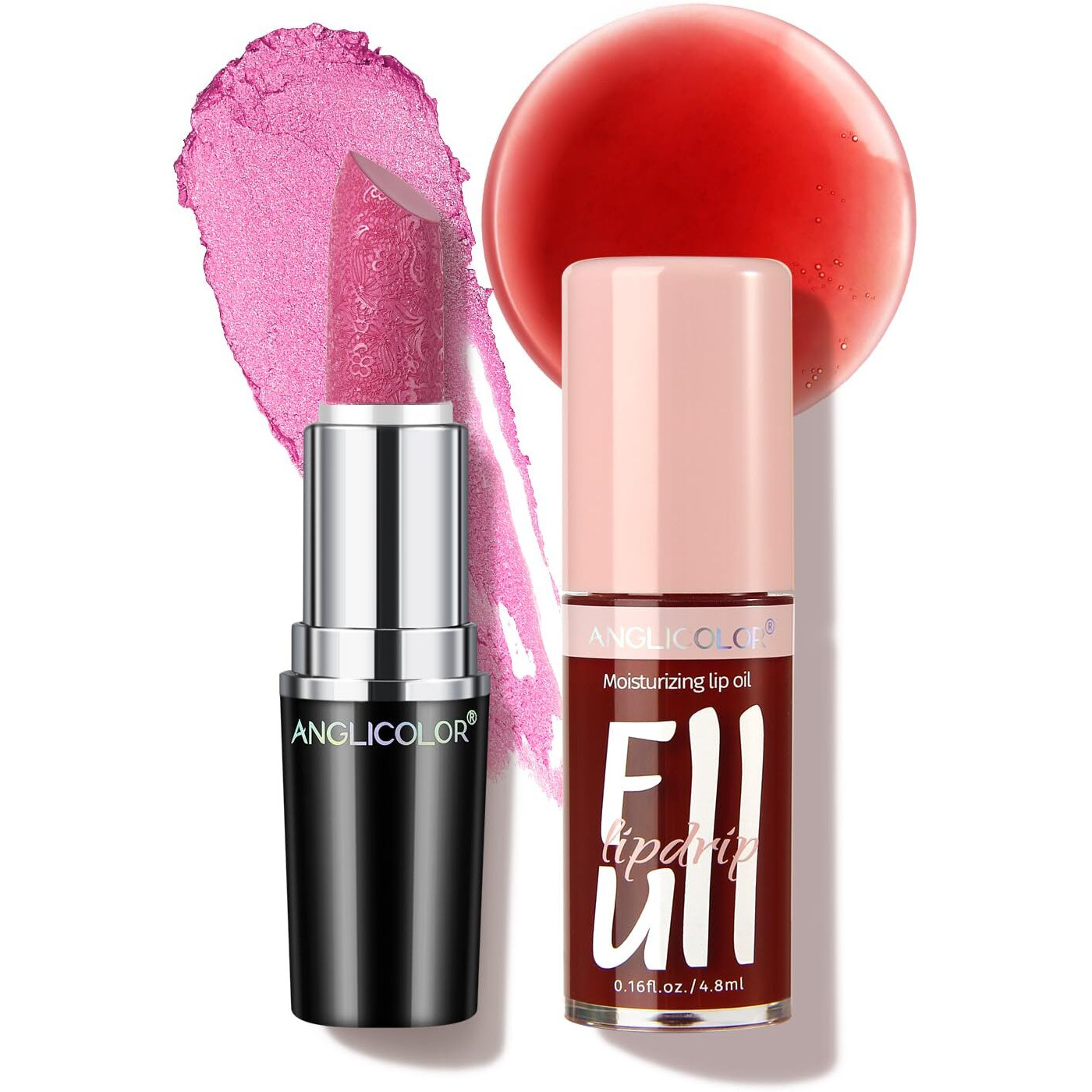 Anglicolor 2Pc Lip Oil And Metallic Glitter Pink Lipstick,Natural Lip Plumper,Fruit Flavoured Lip Oil,For Dry Lip's Moisturizing Hydrating,Vegan & Cruelty-Free (05 Athena+15)