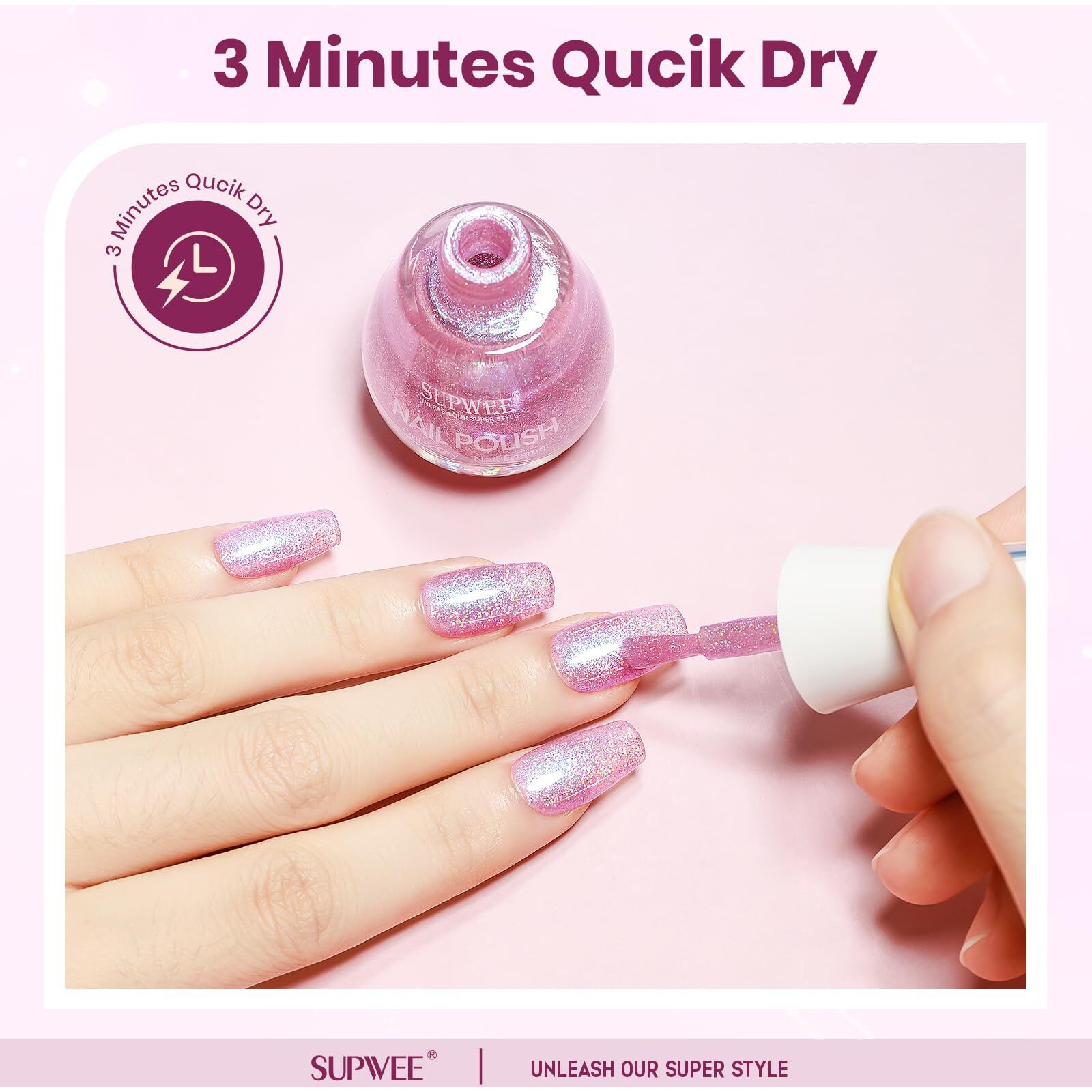 Supwee Quick Dry Glitter Nail Polish Holographic Finger Nail Polish Non Gel High Glossy Shiny Shimmer Nails Laquer Oil-Based Holo Fingernail Air Dry Fast Manicure Gift For Women Girls 16Ml, 0.54Fl Oz