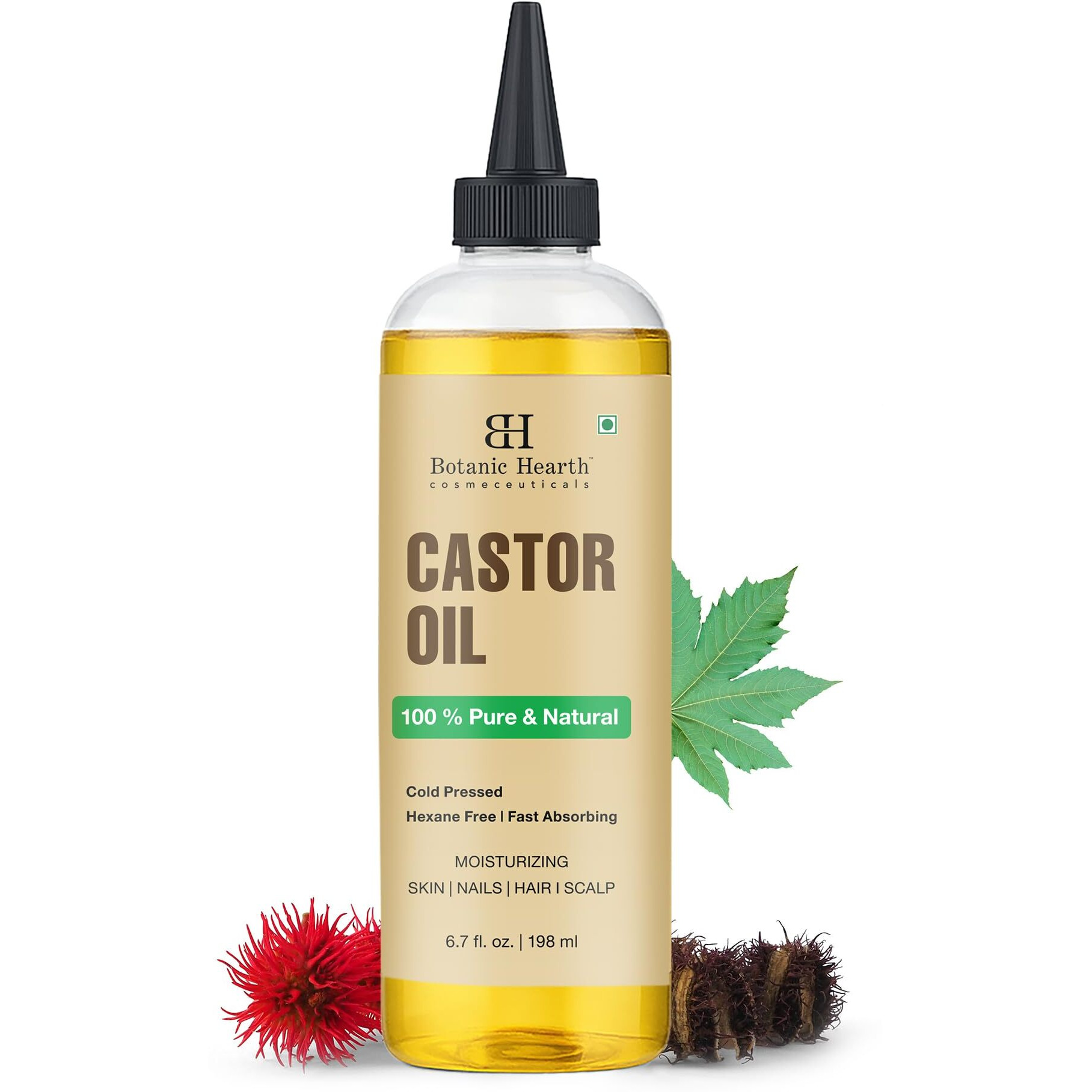 Botanic Hearth Castor Oil | 100% Pure & Natural, Cold Pressed, Hexane Free, Fast Absorbing | Moisturizing Oil For Hair, Scalp, Skin, Nails | 6.7 Fl Oz / 198 Ml