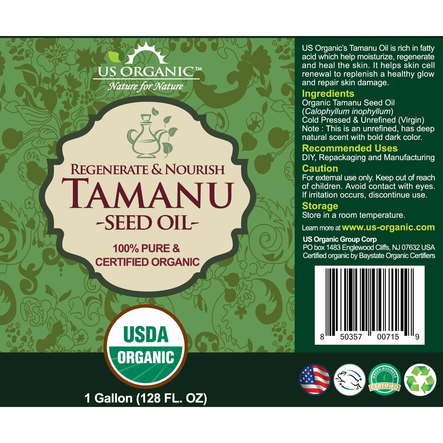 Us Organic Tamanu Oil Bulk Pack, Usda Organic, 100% Pure Virgin Cold Pressed Unrefined, Dark Green Color_Sourced From Southeast Asia, Size For Diy And Small Manufacturers (128 Oz (1 Gallon))