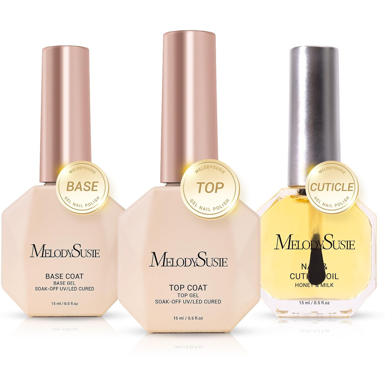 Melodysusie No Wipe Glossy Top Coat Base Coat Cuticle Oil Set Long Lasting Shine Finish Soak Off Uv Led Nail Lamp Nail Art Design Manicure Kit Perfect Gifts For Women Girls 3 Pcs 15Ml