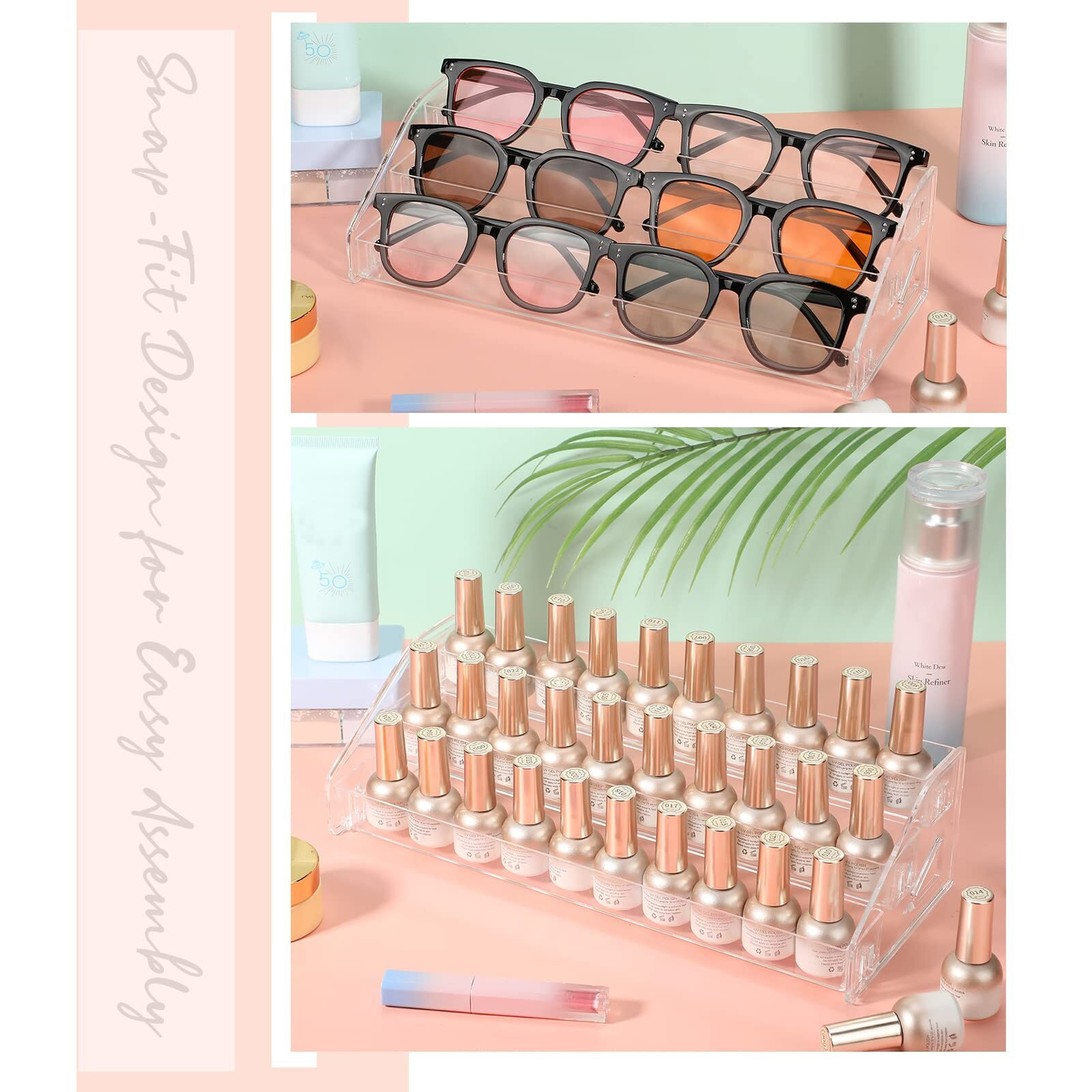 Jetec 2 Pcs Acrylic Card Display Stand Versatile Display For Trading Cards Greeting Card Sunglasses Organizer Nail Polish Holder Essential Oils Cosmetic Cases Eyewear Rack(3 Tiers Style)