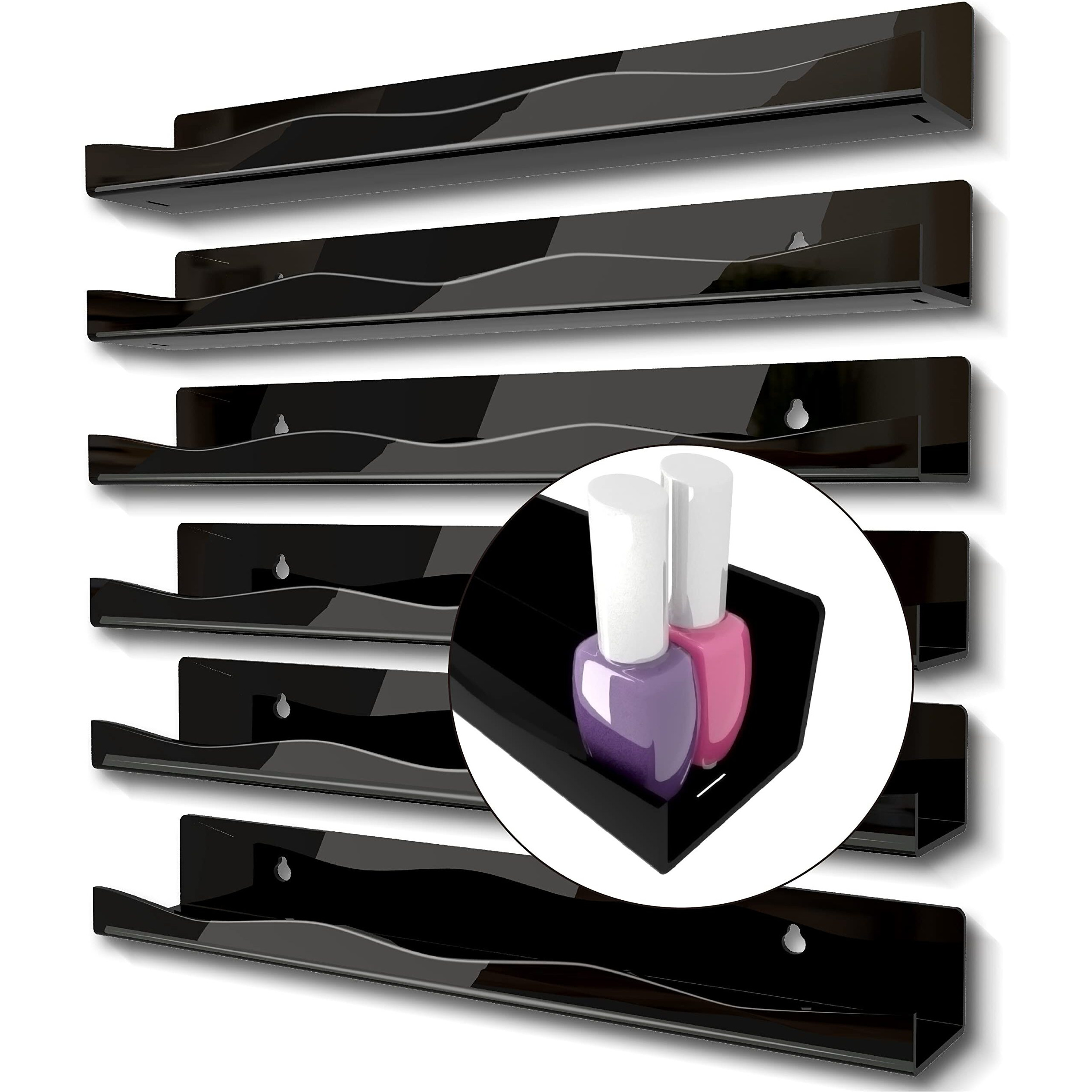 Ymvv Black Acrylic Nail Polish Wall Racks,15"" Increased Width Black Wall Mounted Shelves Nail Polish Organizer, Sunglasses Essential Oil Storage Shelf Display 6 Pack