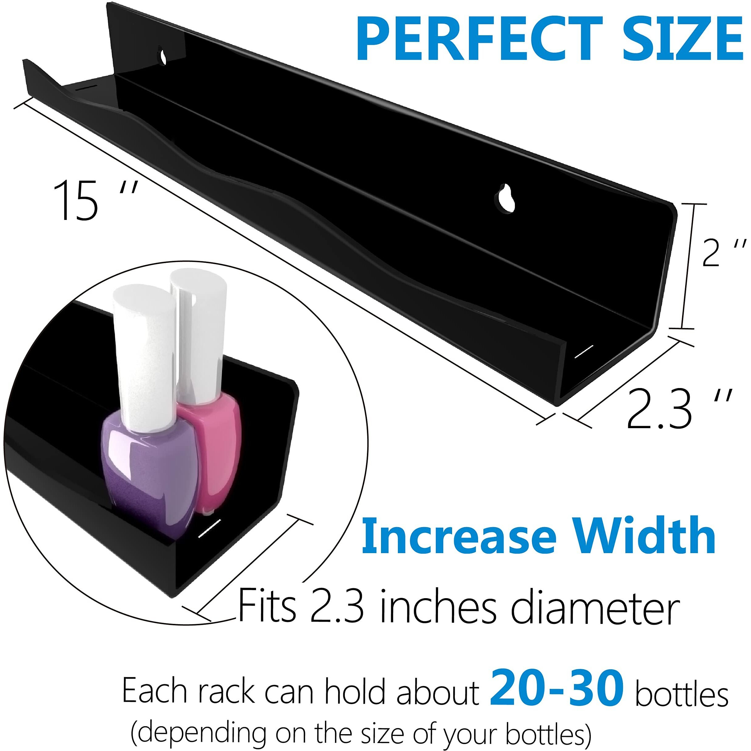 Ymvv Black Acrylic Nail Polish Wall Racks,15"" Increased Width Black Wall Mounted Shelves Nail Polish Organizer, Sunglasses Essential Oil Storage Shelf Display 6 Pack