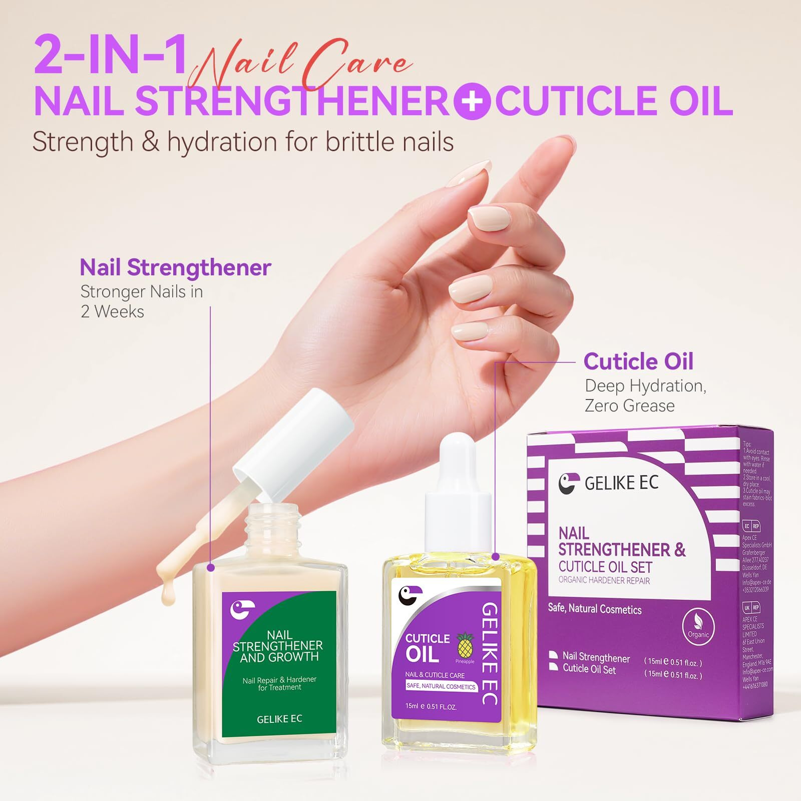 Gelike Ec 2-In-1 Nail Rescue Kit Apricot Nail Ridge Filler & Pineapple Cuticle Oil (15Ml) - Tropical Scented Nail Care - Strengthens & Brightens - Travel-Friendly Mini Size