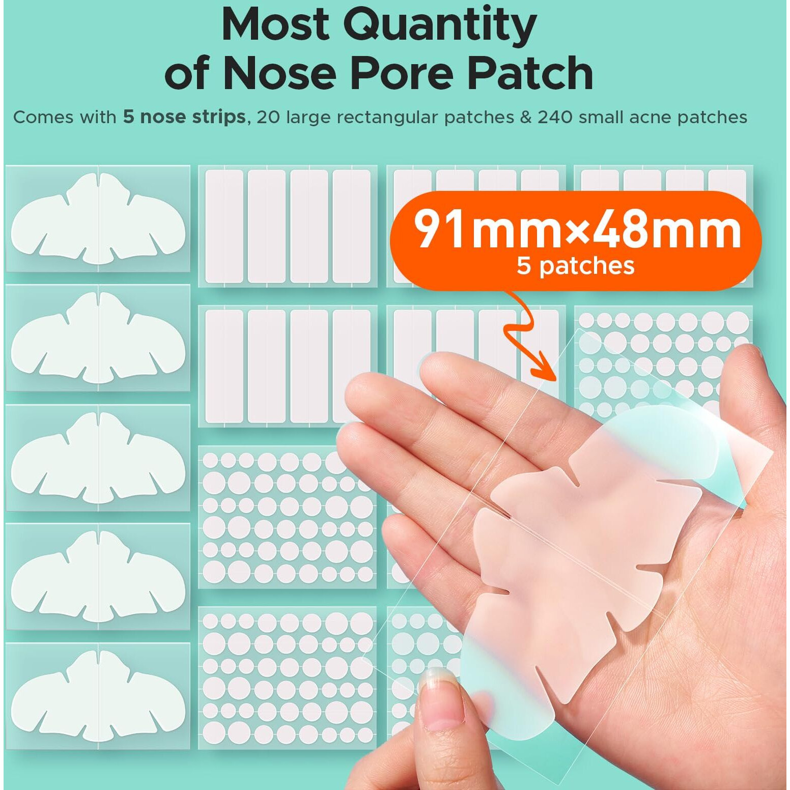 Tktk Hydrocolloid Nose Patches, Xl Nose Pore Strips 91 X 48 Mm, Large Hydrocolloid Acne Pimple Patches For Face, Cover Zit Blemishes & Absorb Oil (Nose Contoured, Strip, Dots 5 Sizes 265 Count)