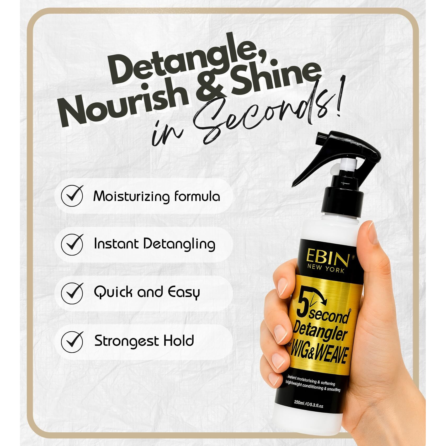 Ebin New York Wig Spray Detangler - 5 Second Argan Oil Wig Detangler 8.5 Oz Lightweight Conditioning Spray For Synthetic And Human Hair Wigs - Moisturizes, Detangles, Adds Shine (1 Pack)