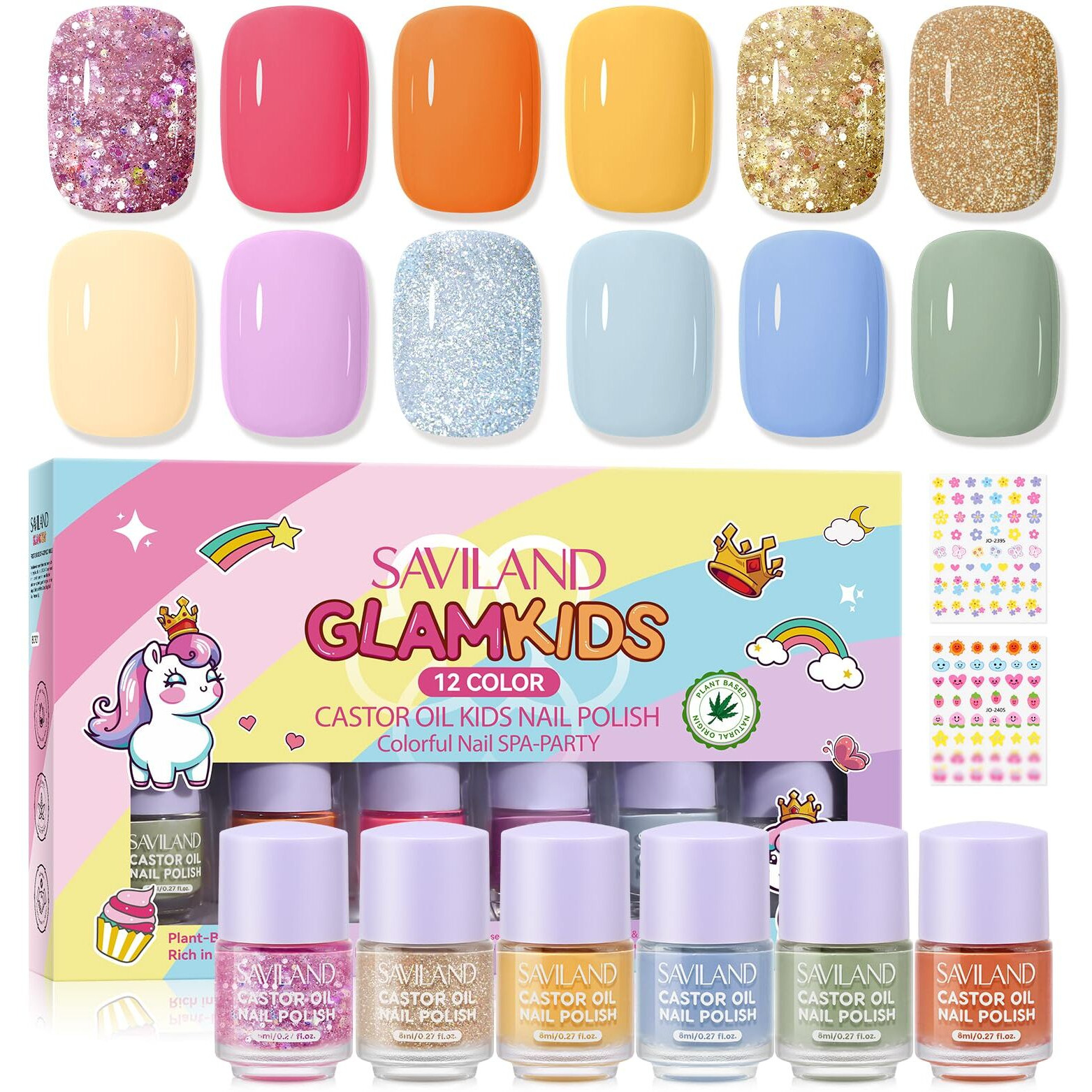 Saviland Glamkids Kids Nail Polish Quick-DryNon-Toxic Nail Polish Set 12 Colors Water Based Peel-Off Toddler Fingernail Polish Natural Safe Castor Oil Nail Lacquer Kit With Sticker For Girl Ages 5-12