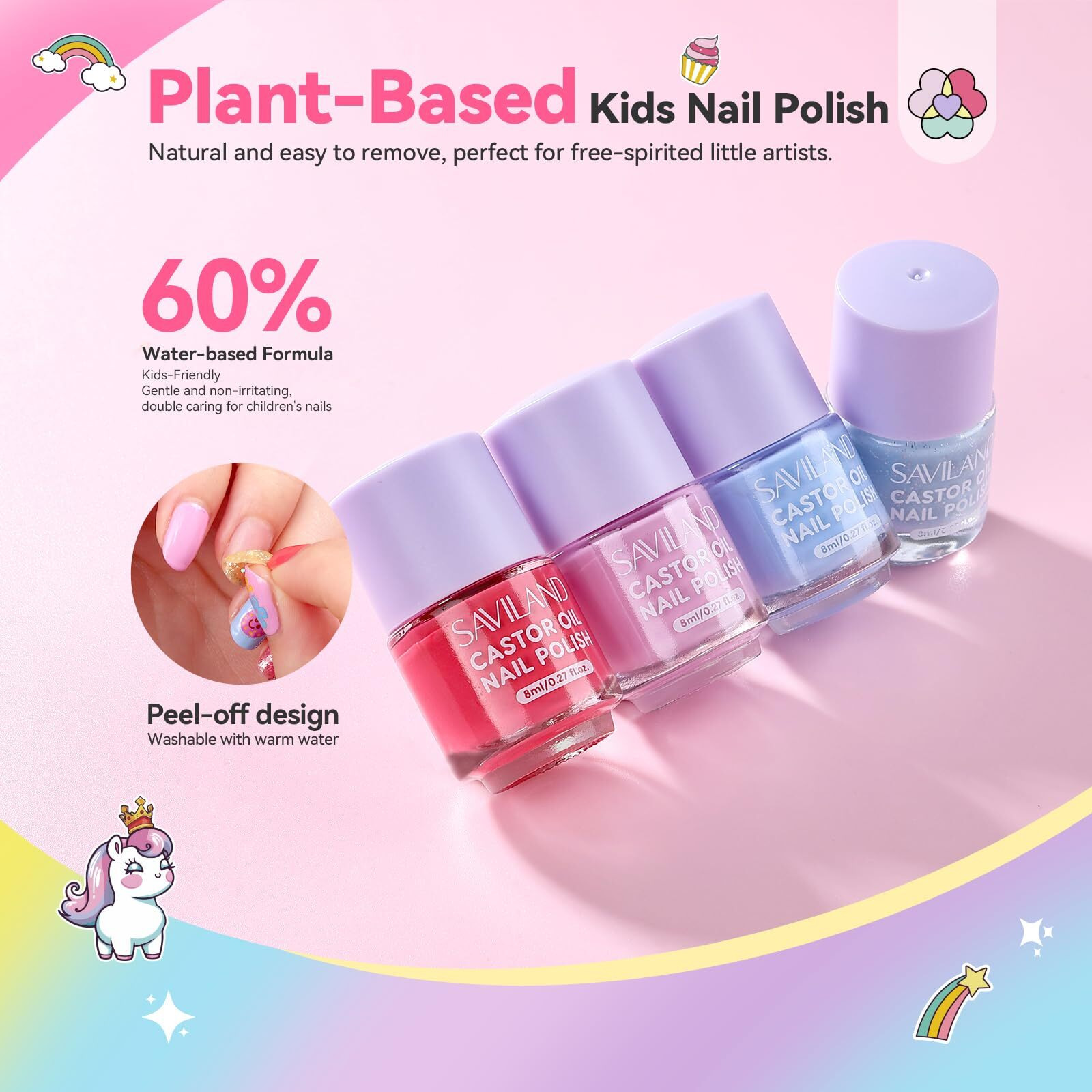 Saviland Glamkids Kids Nail Polish Quick-DryNon-Toxic Nail Polish Set 12 Colors Water Based Peel-Off Toddler Fingernail Polish Natural Safe Castor Oil Nail Lacquer Kit With Sticker For Girl Ages 5-12