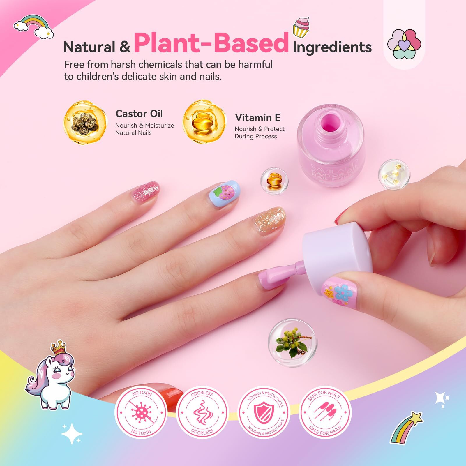 Saviland Glamkids Kids Nail Polish Quick-DryNon-Toxic Nail Polish Set 12 Colors Water Based Peel-Off Toddler Fingernail Polish Natural Safe Castor Oil Nail Lacquer Kit With Sticker For Girl Ages 5-12