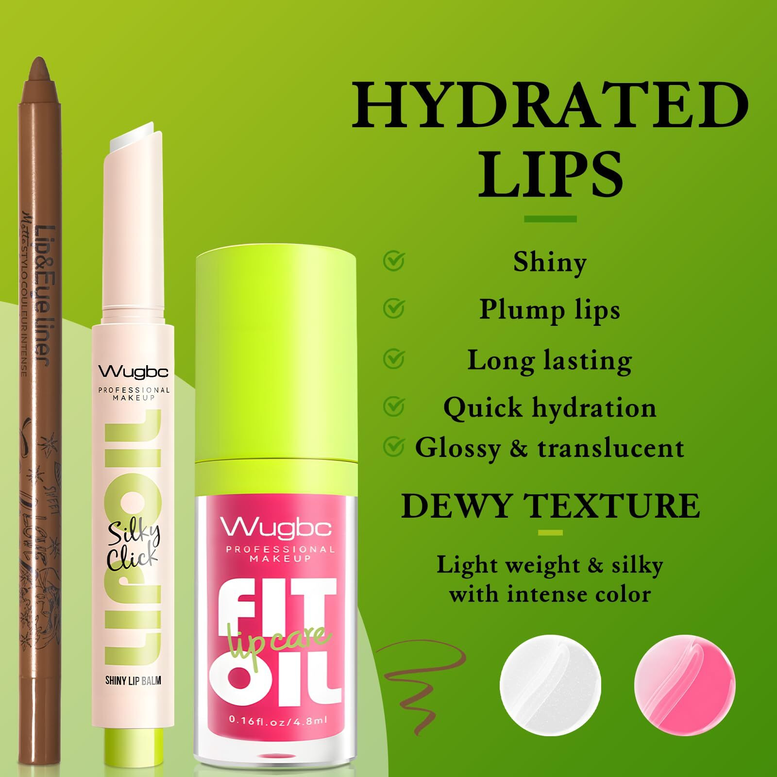 Wugbc Brown Lip Liner Pink Lip Oil Gloss Click Lip Balm Clear Shimmer, Ultra-Hydrating Lipstick Tinted Lip Glow Oil For Women Makeup, Lightweight Non Sticky Liquid Lipstick Lip Liner Pencil Combo Set