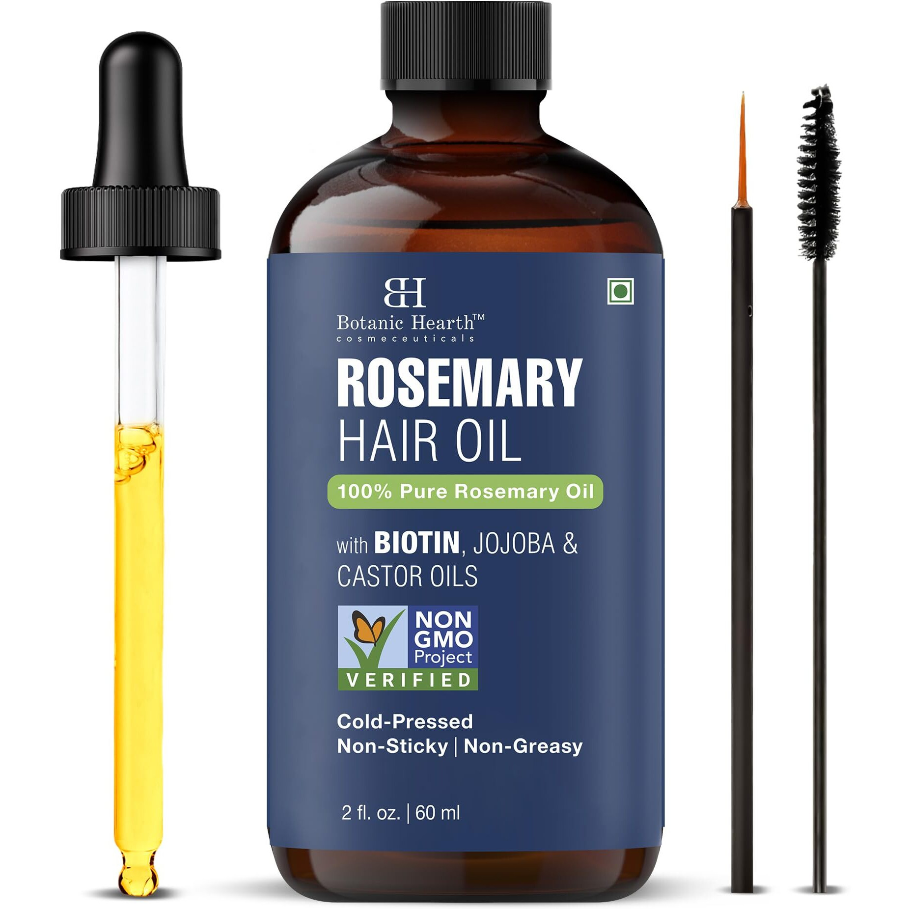 Botanic Hearth 100% Pure Rosemary Oil For Hair (2 Fl Oz) Infused With Biotin, Jojoba & Castor Oil | Hair Strengthening Treatment | Nourishing & Volumizing | Non Gmo Verified | With Applicators