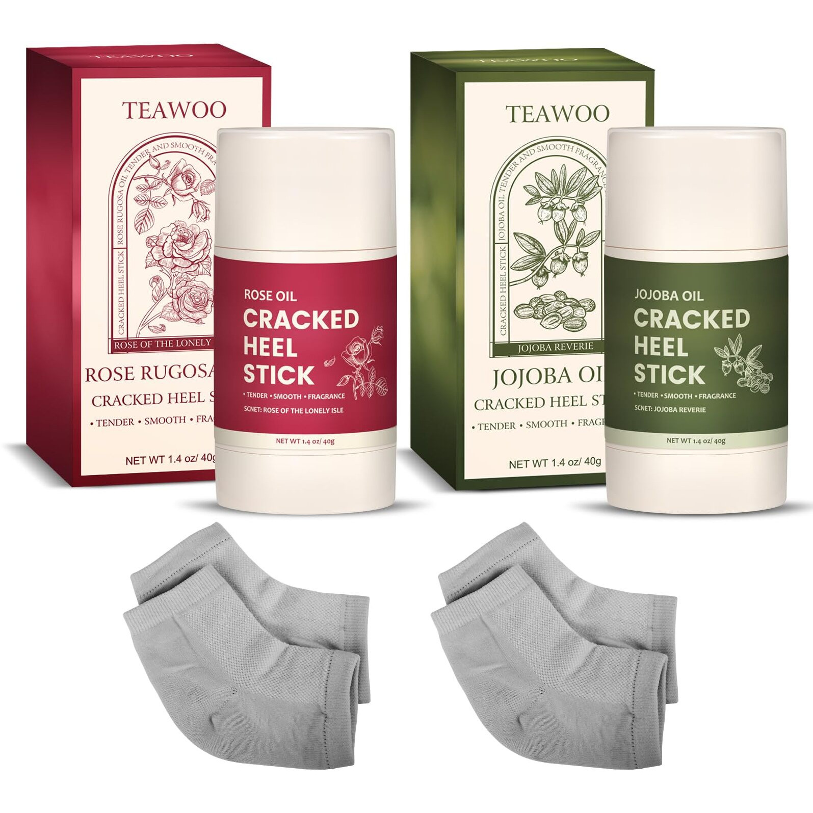 Teawoo 2-Pack Dual Formula Cracked Heel Repair Stick Set With 2 Heel Socks - Rose Oil & Jojoba Oil Infused Foot Balm For Dry, Cracked Feet - Moisturizing, No-Mess Applicator, Travel-Friendly
