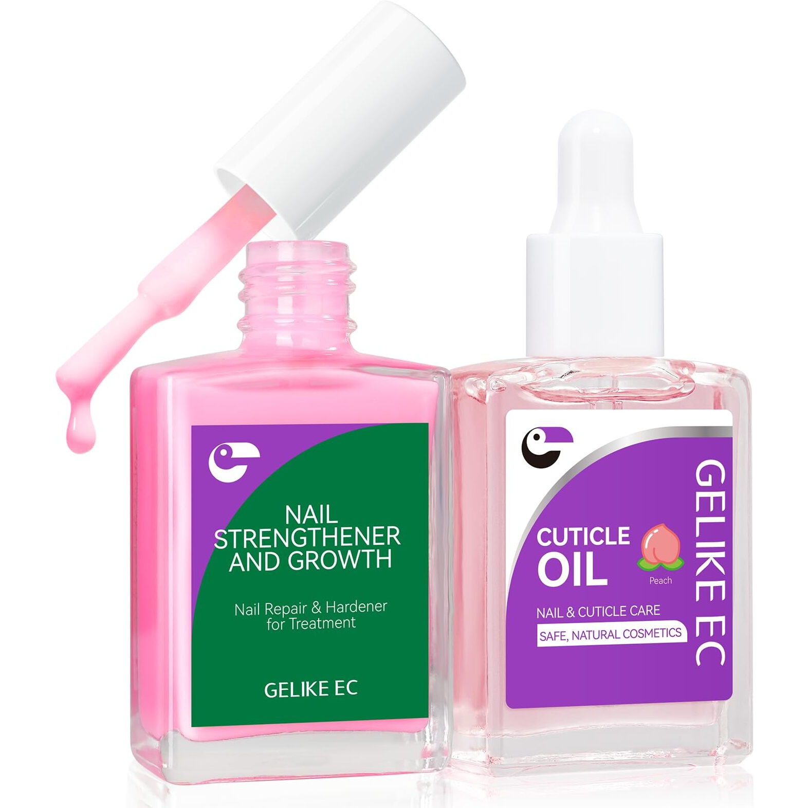 Gelike Ec Nail Care Gift Set Pink Fingernail Nail Growth Treatment & Peach Cuticle Oil 15Ml - Cute & Fruity Manicure Set For Thin Peeling Nails - Women Mom Girlfriend Teens Girls Favorite