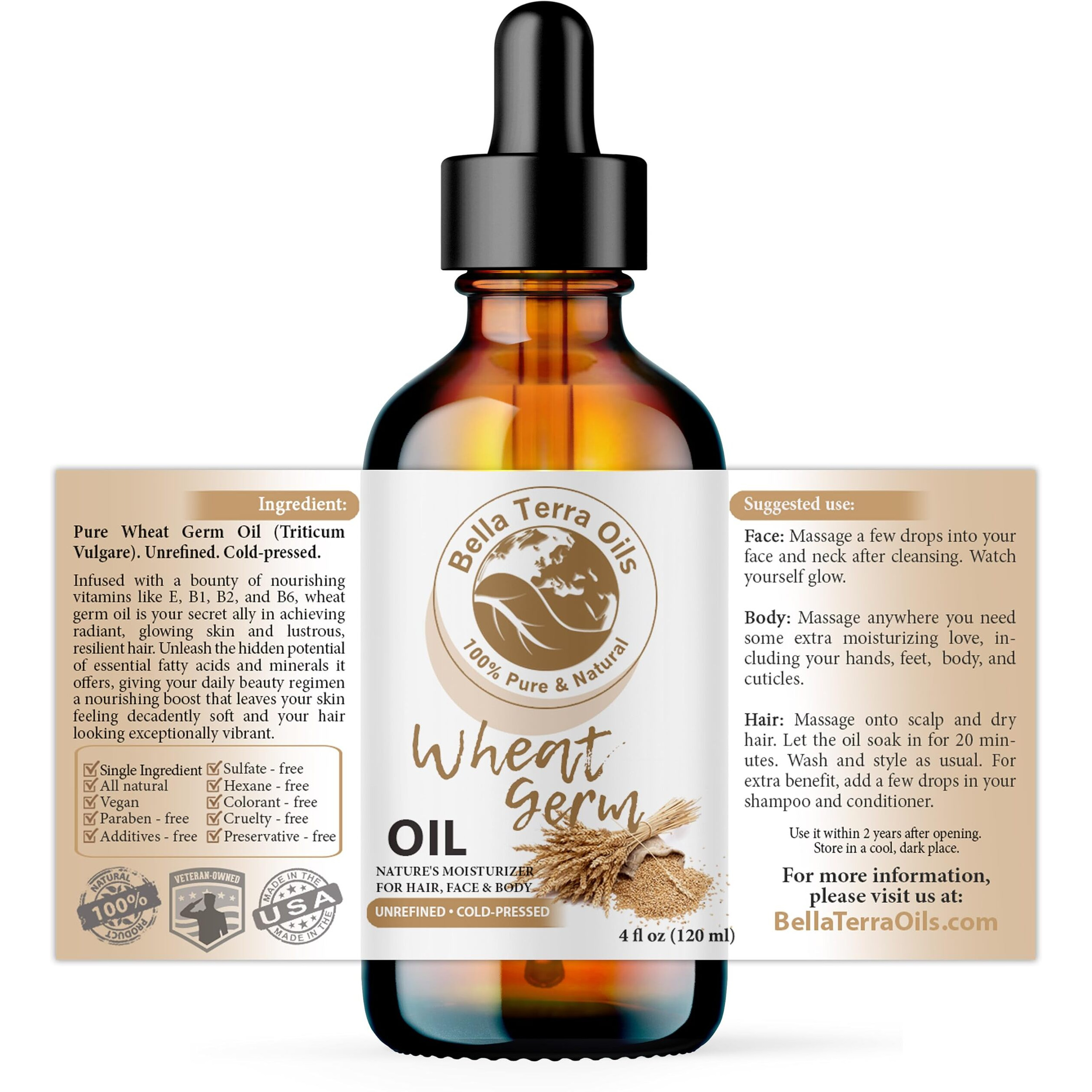 Bella Terra Oils - Organic Wheat Germ Oil 4Oz - A Symphony Of Vitamin E & C, Pure Essence Of Face Oil, Dive Into Natural Glow & Suppleness