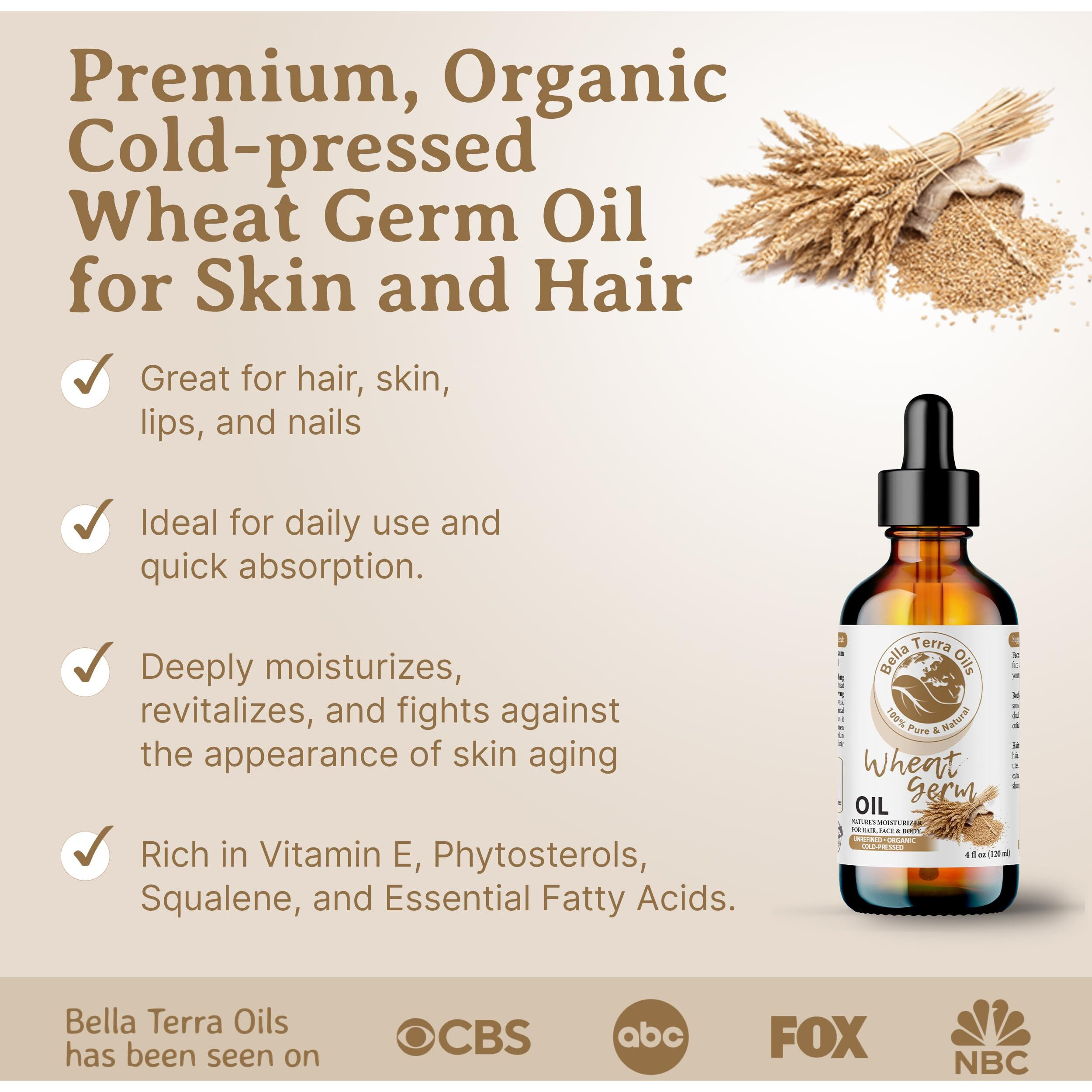 Bella Terra Oils - Organic Wheat Germ Oil 4Oz - A Symphony Of Vitamin E & C, Pure Essence Of Face Oil, Dive Into Natural Glow & Suppleness
