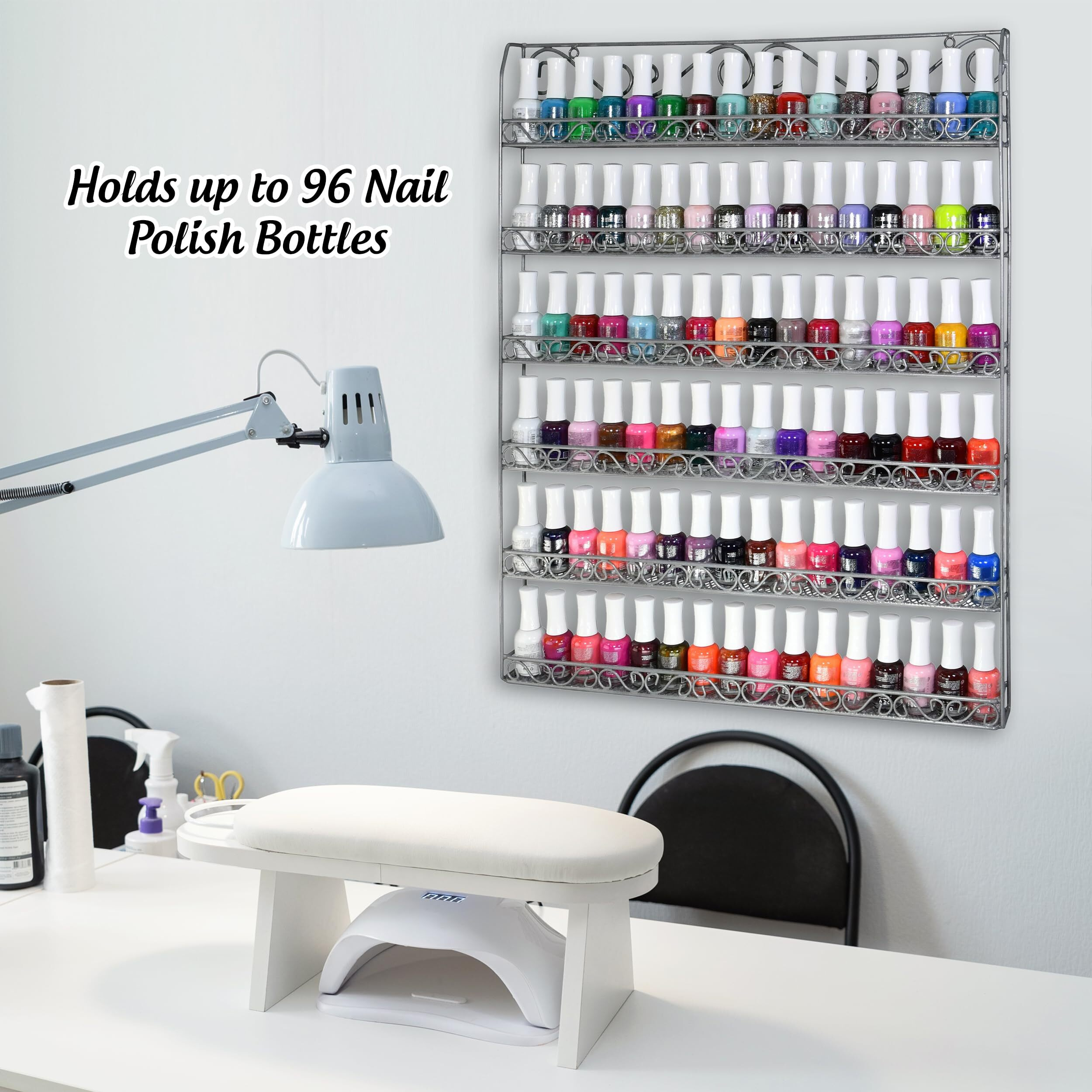 Amt Metal Nail Polish Racks For The Wall | Clear Nail Polish Display | Essential Oils Organizer | Holds Up To 108 Bottles (Silver)
